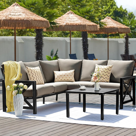 NATURAL EXPRESSIONS 6 Pieces Patio Furniture Sets,Outdoor Furniture Sets Metal Patio L Shape Sectional Couch Sofa Conversation Sets with 6.5" Shale Cushions,HighBack Hand-Brush Black Frame