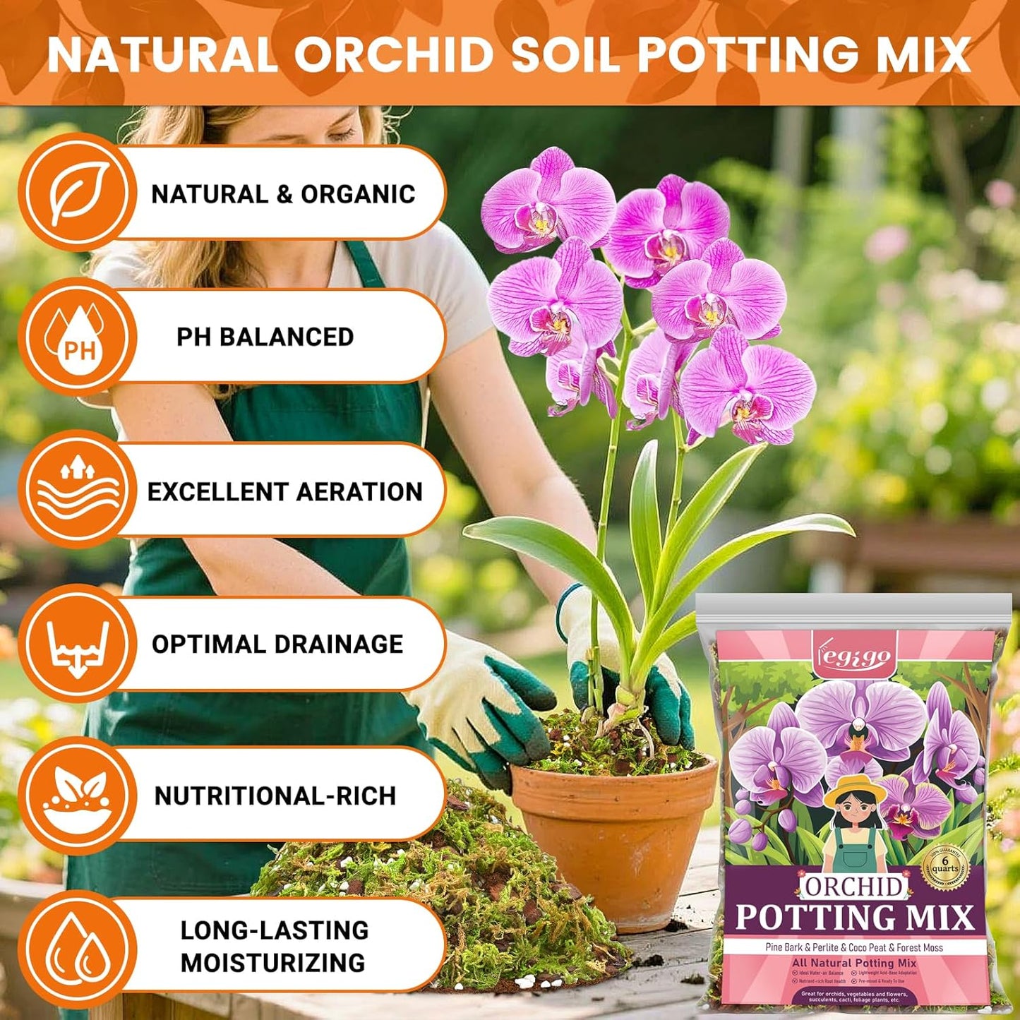 Legigo 2 QT Orchid Potting Mix- Natural Orchid Soil Mix for Repotting with Moss, Pine Bark, Coco Peat and Perlite, Enhanced Drainage Orchid Bark Potting Mix Repotting Kit for Indoor Plant Growth