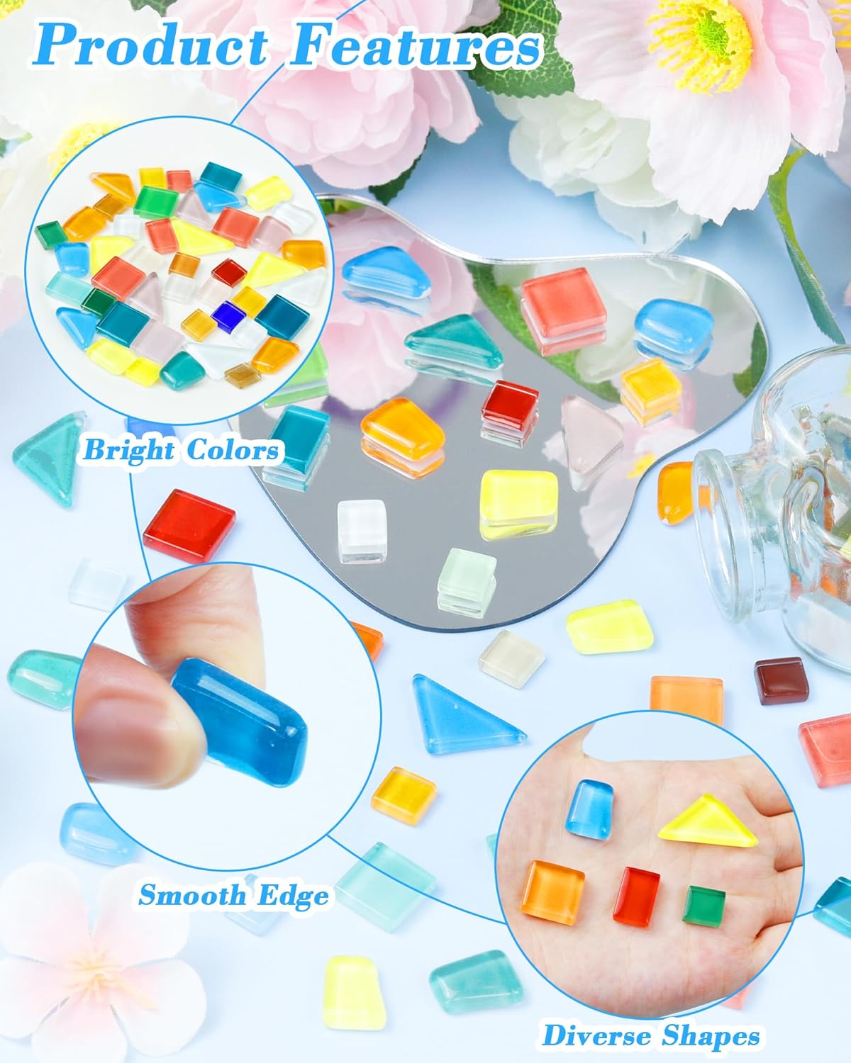 FIVEIZERO 280Pcs Mosaic Tiles for Crafts Bulk - 420g Glass Mosaic Kits, Multi-Color Irregular Tiny Mosaic Tile, Mixed Shapes Mosaic Glass Kit for Art, Home Decoration and DIY Projects