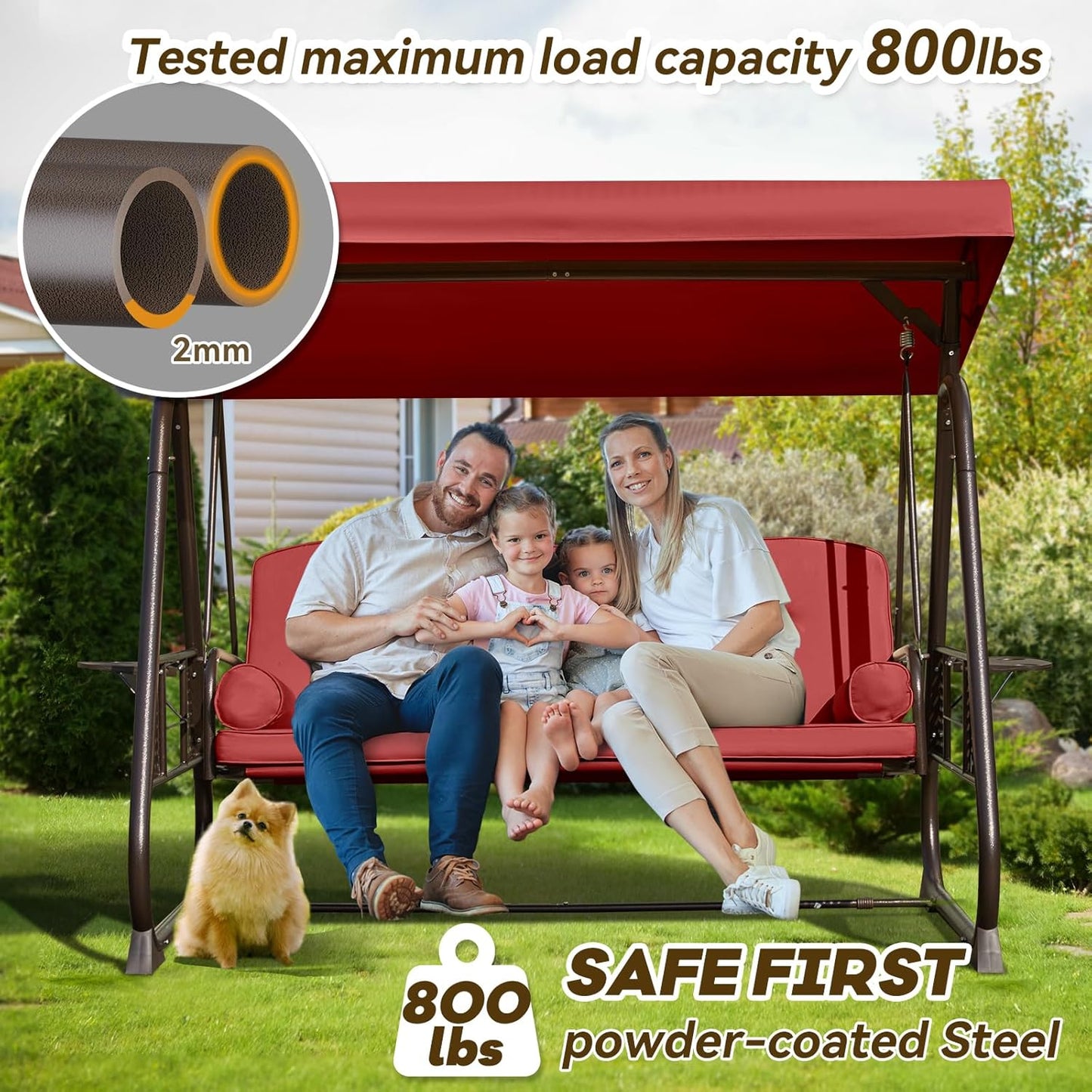 3 in 1 Outdoor Porch Swing with Adjustable Canopy, 3 Seat Outdoor Swing for Adults, Patio Swing Chair with Thickened Cushions,Pillows & Cup Holders for Backyard, Porch, Garden (Wine Red)