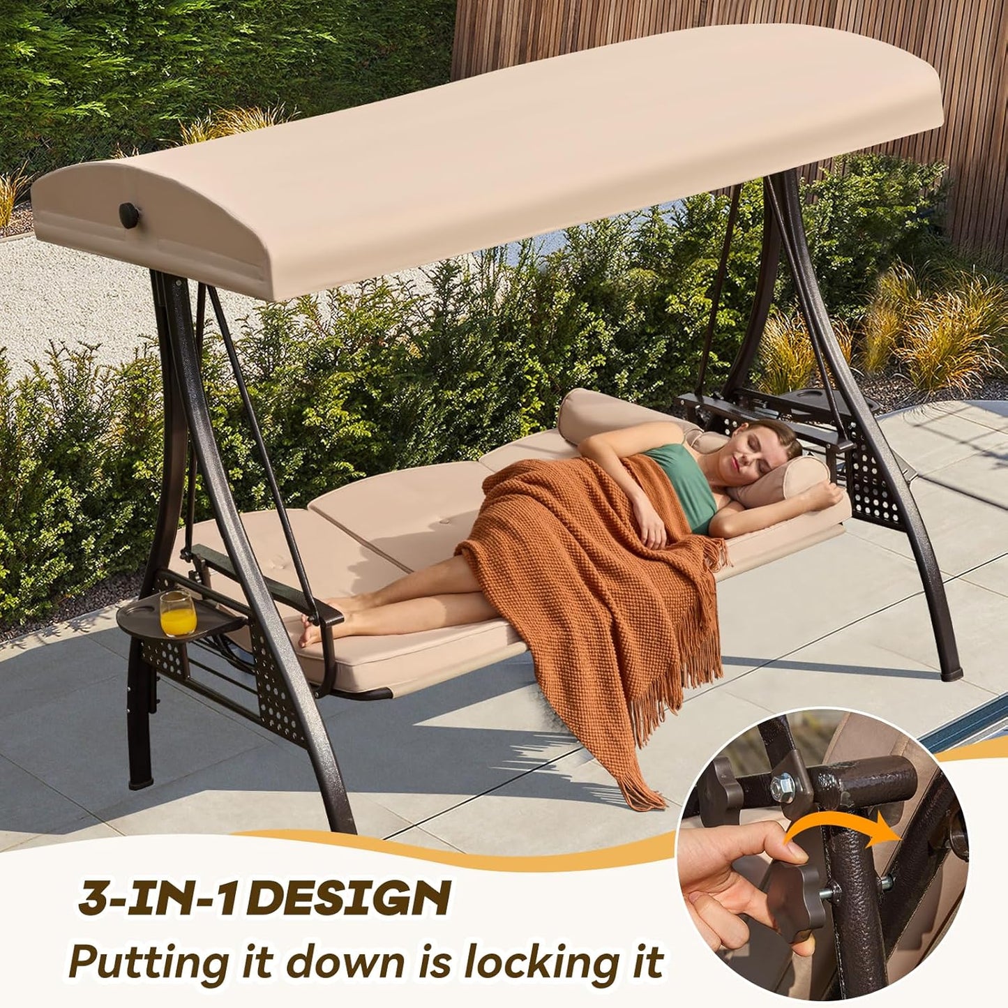 3 in 1 Outdoor Porch Swing with Adjustable Canopy, 3 Seat Outdoor Swing for Adults, Patio Swing Chair with Thickened Cushions,Pillows & Cup Holders for Backyard, Porch, Garden (Khaki)