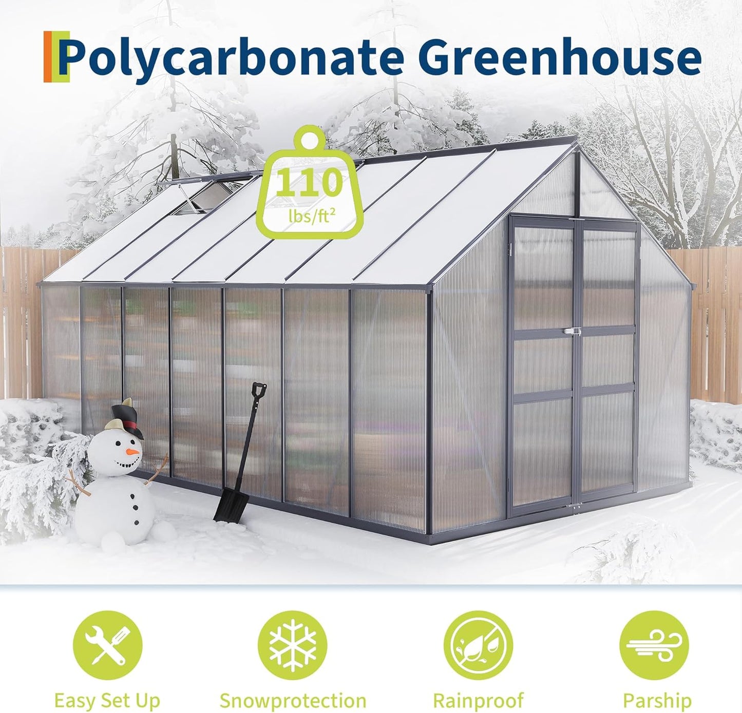 8*14 FT Outdoor Walk-in Greenhouse, Polycarbonate Green House, Heavy Duty Greenhouse with Vented Roof Window, Windproof Aluminum Frame, Suitable for Outside Gardening, Backyard, Patio