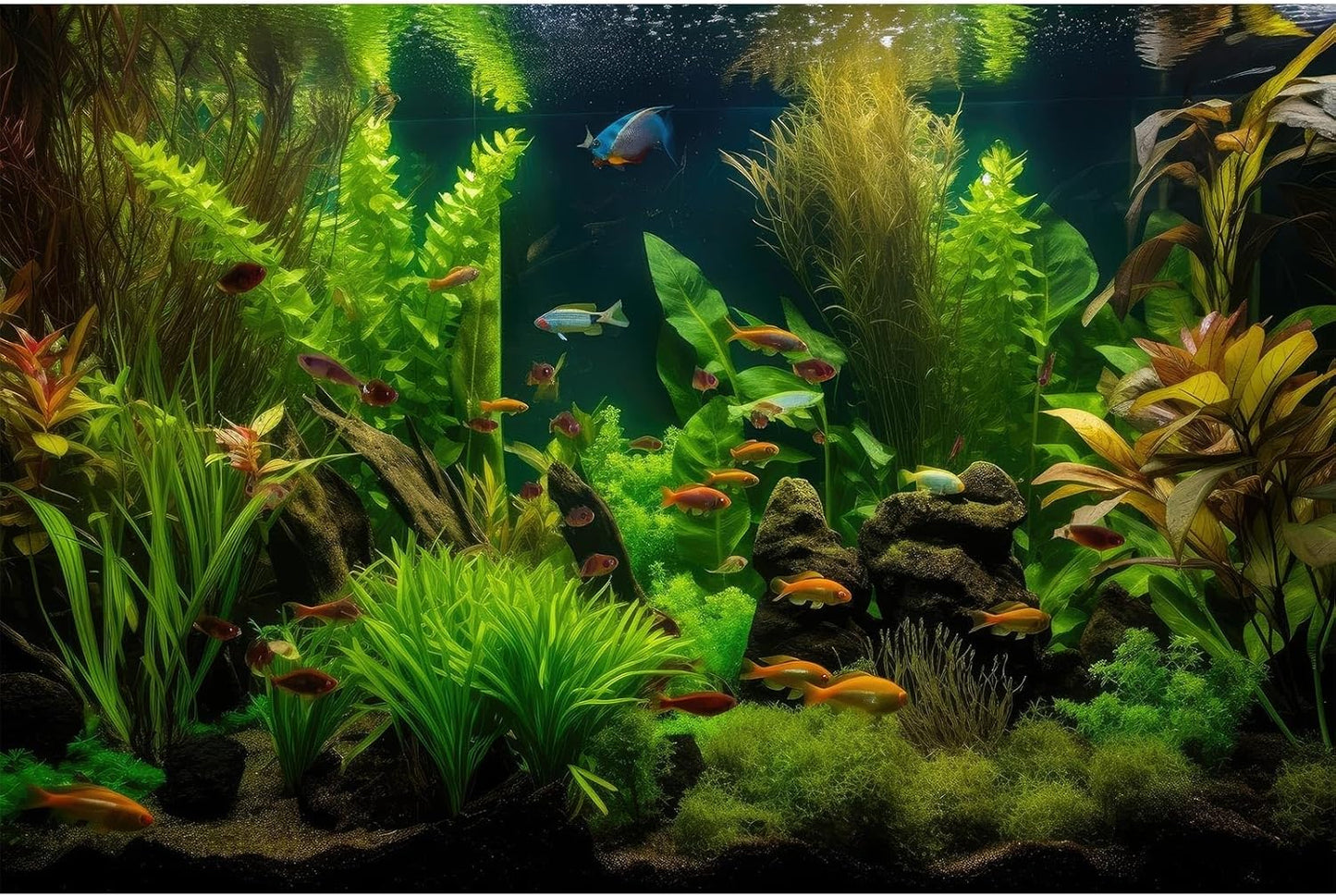 Aquarium Background Tropical Freshwater Colorful Fish Plants Fish Tank Background Tranquil Under The Sea Aquatic Plants Cork Redwood Root Lush Green Moss Reptile Tank Terrarium Background 48x18in