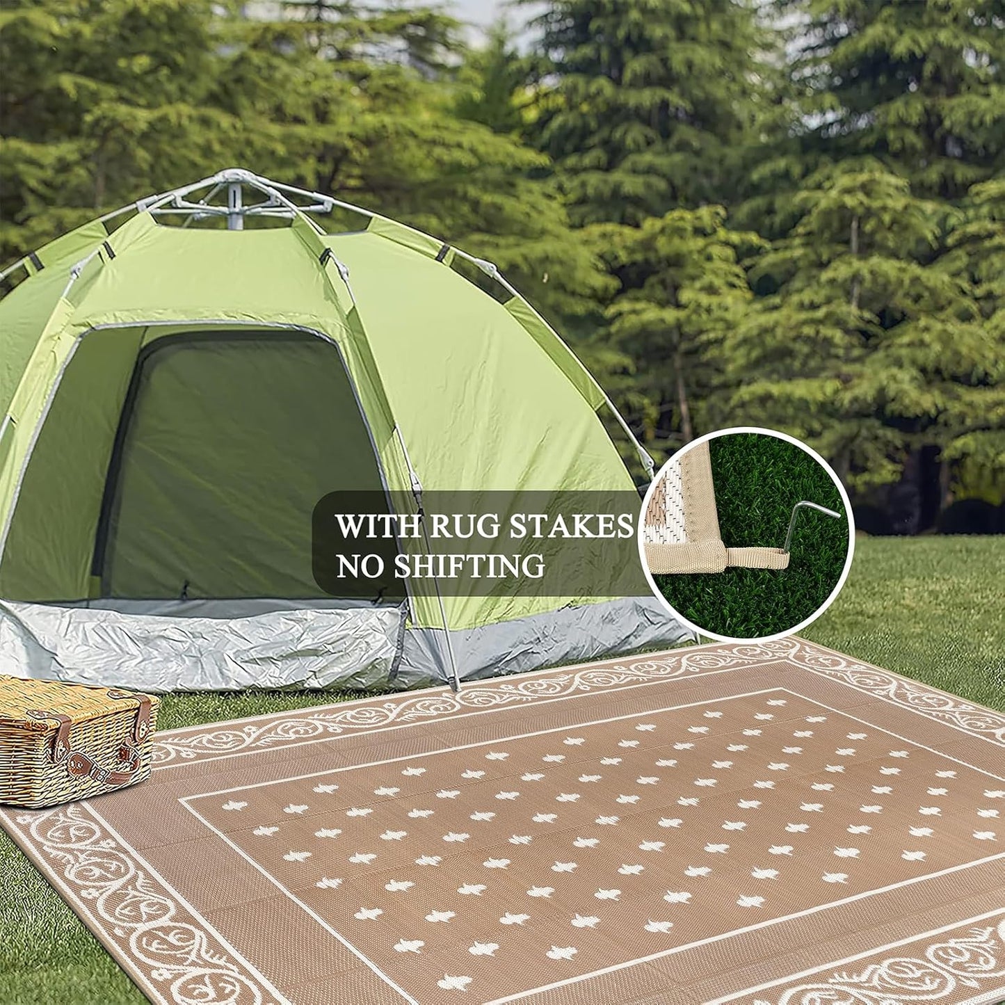 Pauwer Waterproof Outdoor Rug 8x10, Reversible Plastic Straw Patio Camping Rug, Indoor Outdoor RV Mat Carpet for Deck, Camper, Porch, Balcony, Backyard, Picnic, Bordered Beige