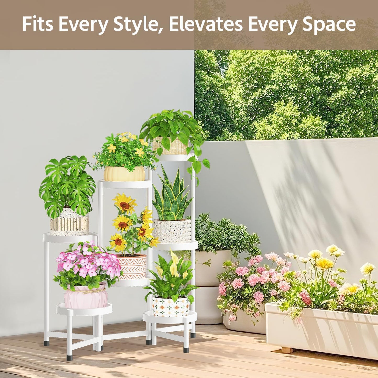 LASZOLA 7 Tiered Folding Plant Stand Indoor for Multiple Large Planter, Tall Heavy Duty Adjustable Rack with Rust Proof Plastic Shelving, Sturdy Vertical Tree Organizer for Narrow Inside Floor, White