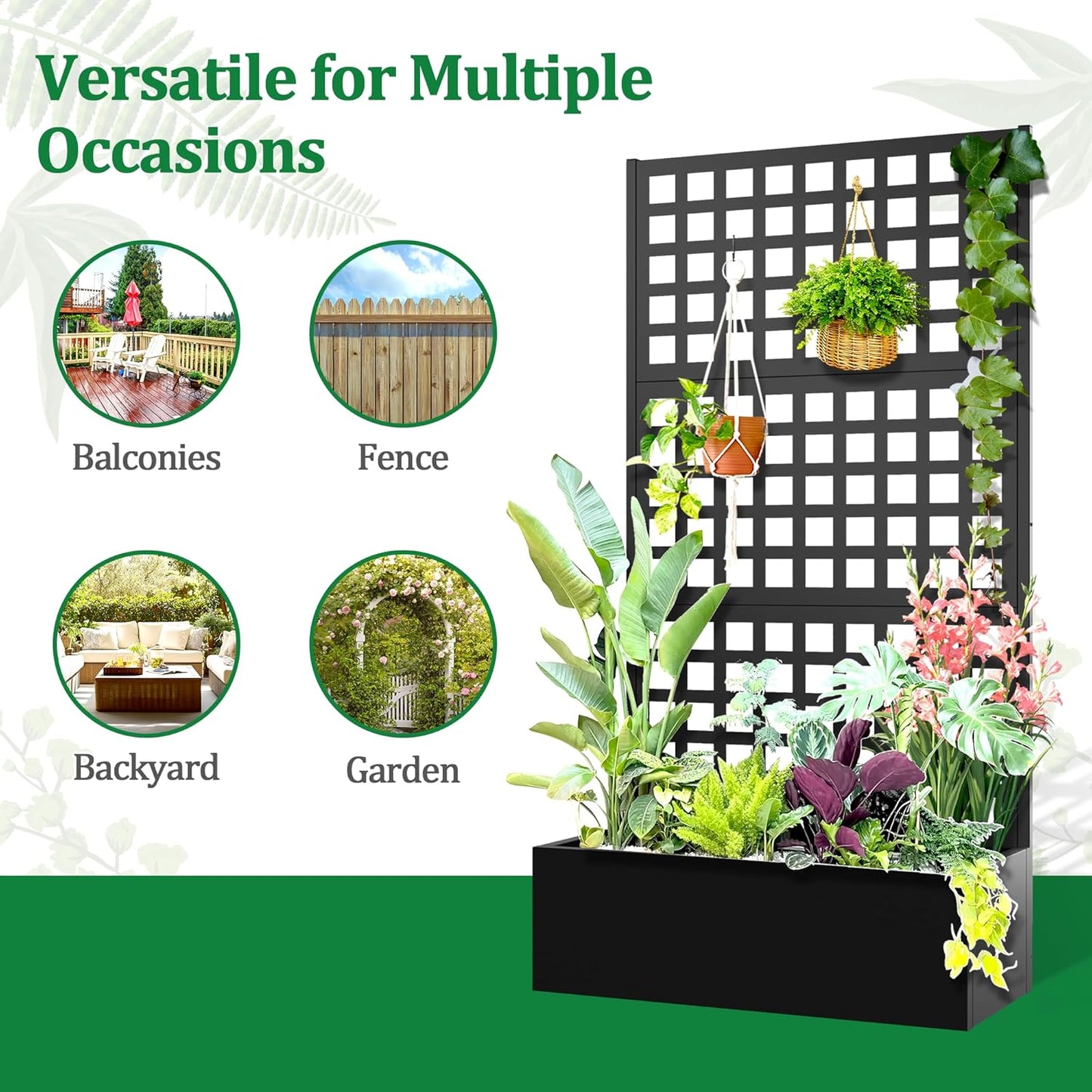 Metal Raised Garden Bed with Trellis, 2 in 1 Trellis with Planter Box & Privacy Screen for Climbing Plants, Vine, Outdoor Standing Flower Beds with Drainage Holes, 35.4"L x 16.7"W x 70.8"H, Black