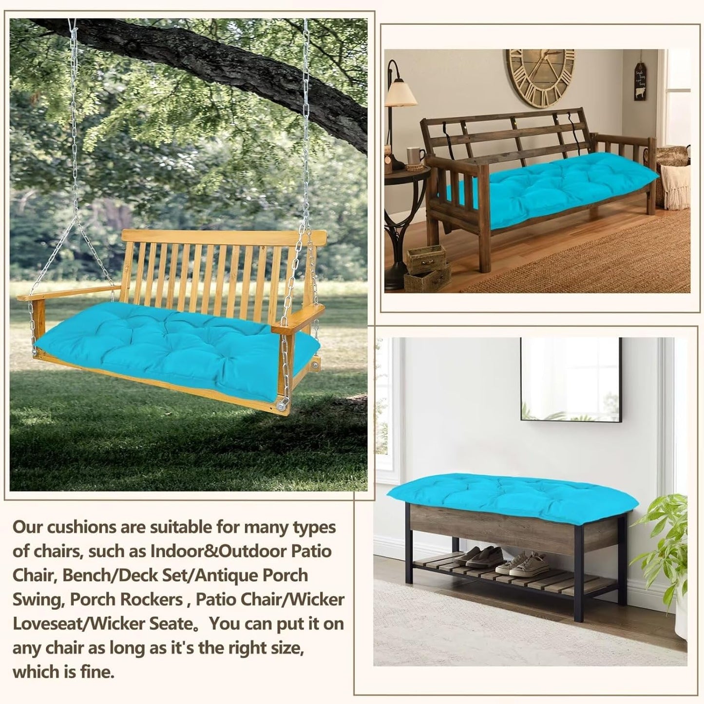 47.3 in Waterproof Indoor/Outdoor Garden Bench Seat Cushions，Thicken Patio Bench Soft Rocking Chairs Pad Lounger Seat for Wicker Loveseat Settee（47.3 X 19.6 X 3.9 in Turquoise）