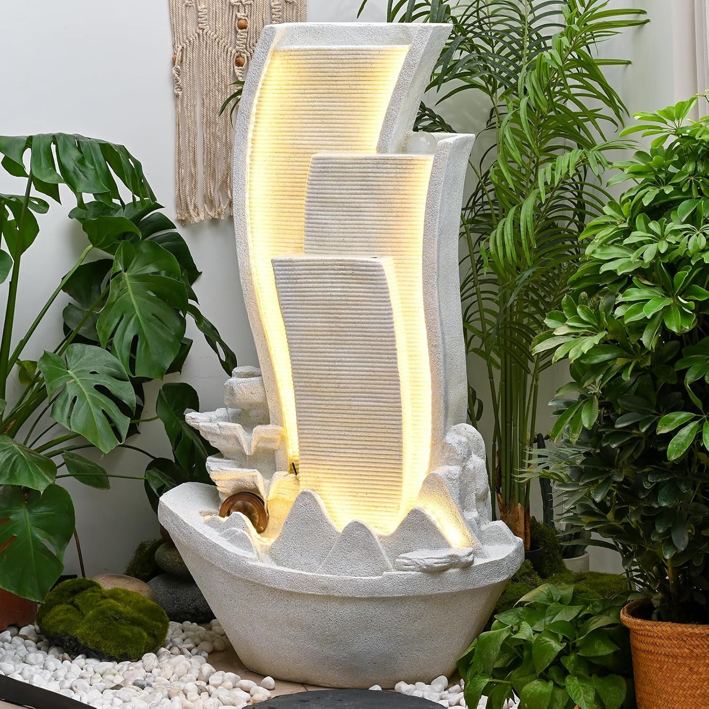 50.39 Inches Outdoor Water Fountain Garden Waterfall Indoor Modern Water Feature Freestanding Fountains with LED Lights and Pump for Patio Yard Pool Home Decor