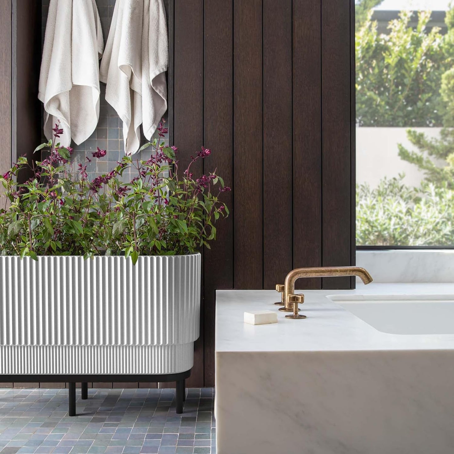 Veradek Demi Series Raised Long Planter for Indoor/Outdoor Use | Made from Plastic & Stone w/Wooden Stand | Modern Patio Décor for Flowers/Shrubs