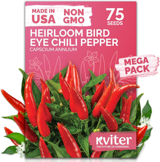KVITER 75 Birds Eye Chili Pepper Seeds for Planting (Capsicum Annuum) — Thai Chili Red Pepper, Extra‑Hot 50K-100K SHU, High‑Yield Bush — Heirloom & Organic Vegetable Seeds for Outdoor & Indoor Garden