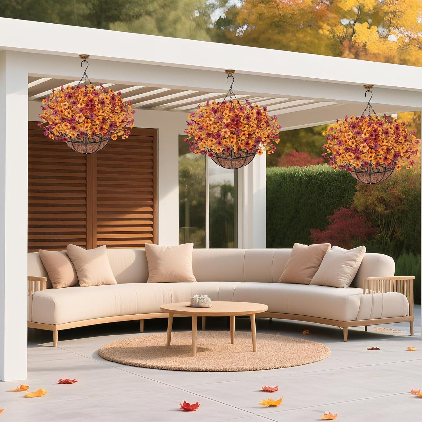 Fall Artfiticial Hanging Flowers Baskets for Outdoors, UV Resistant Fake Fall Hanging Plants, Faux Orange Flowers for Autumn Home Patio Garden Front Porch Balcony Decor (Yellow Red)