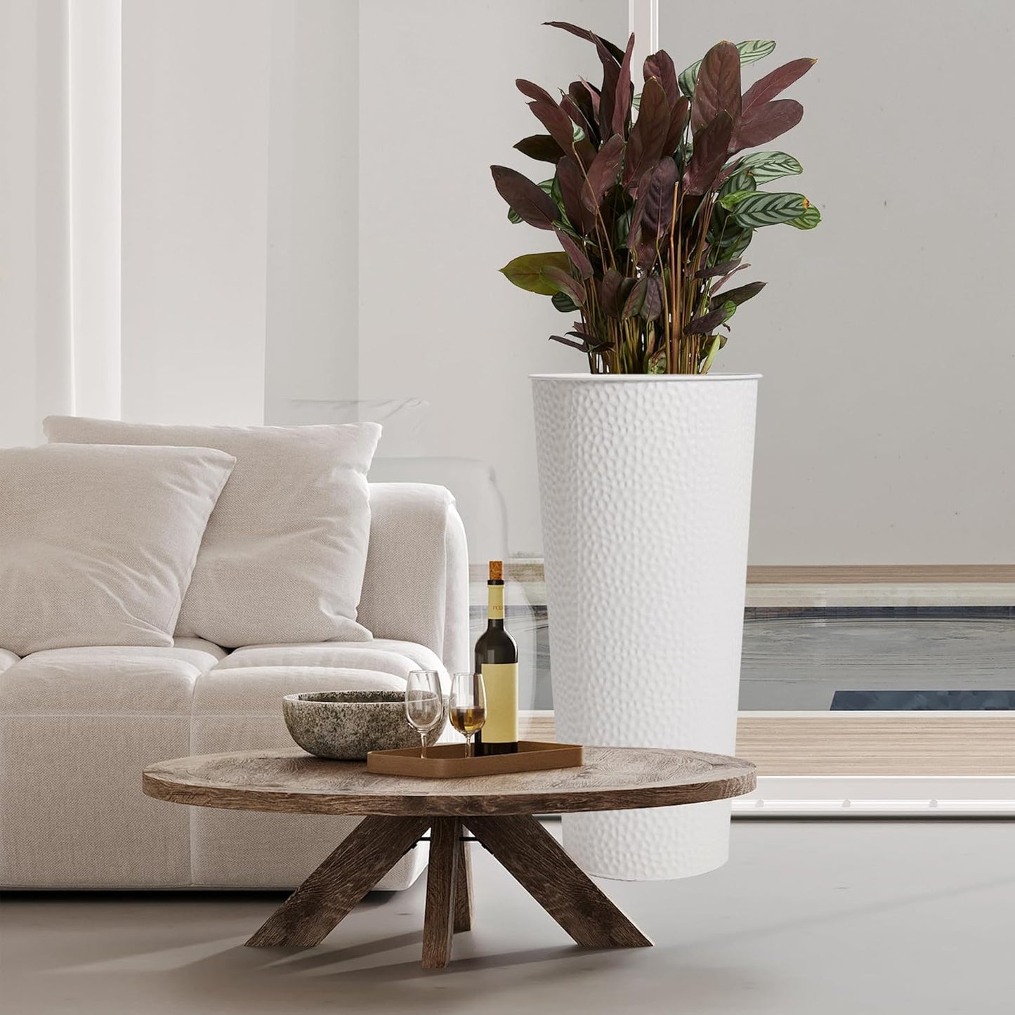 Worth Garden 2-Pack 25" H. Metal Planter with 2X Inside Pots - Hand-Hammered Texture Tall Tapered Plant Pots - Large Handcrafted Flower Pot for Indoor Outdoor, Deck, Patio, Front Porch (White)