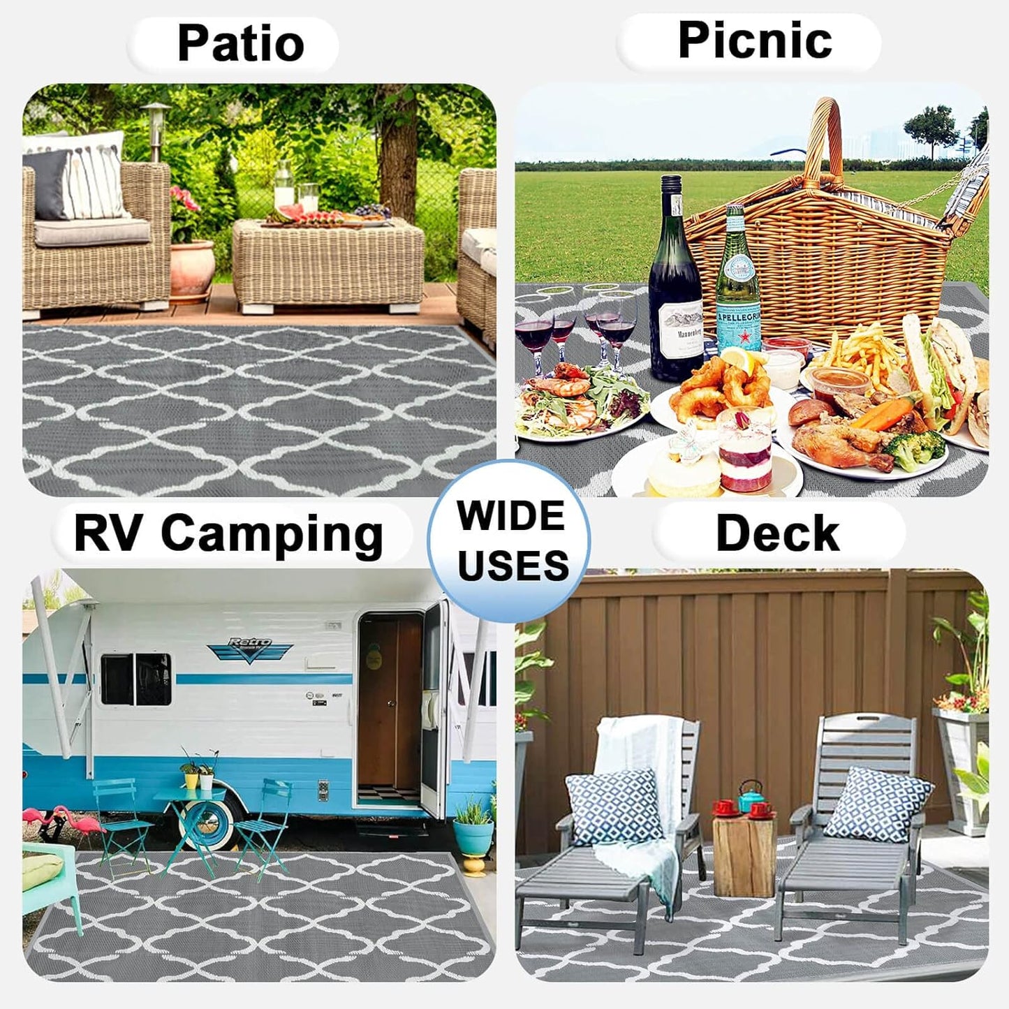 OutdoorLines Outdoor Plastic Area Rugs for Patio 6x9 ft - Reversible Outside Carpet, Stain & UV Resistant RV Mats, Straw Rug for Camping, Deck Garden, Porch and Balcony, Moroccan Grey & Light Grey
