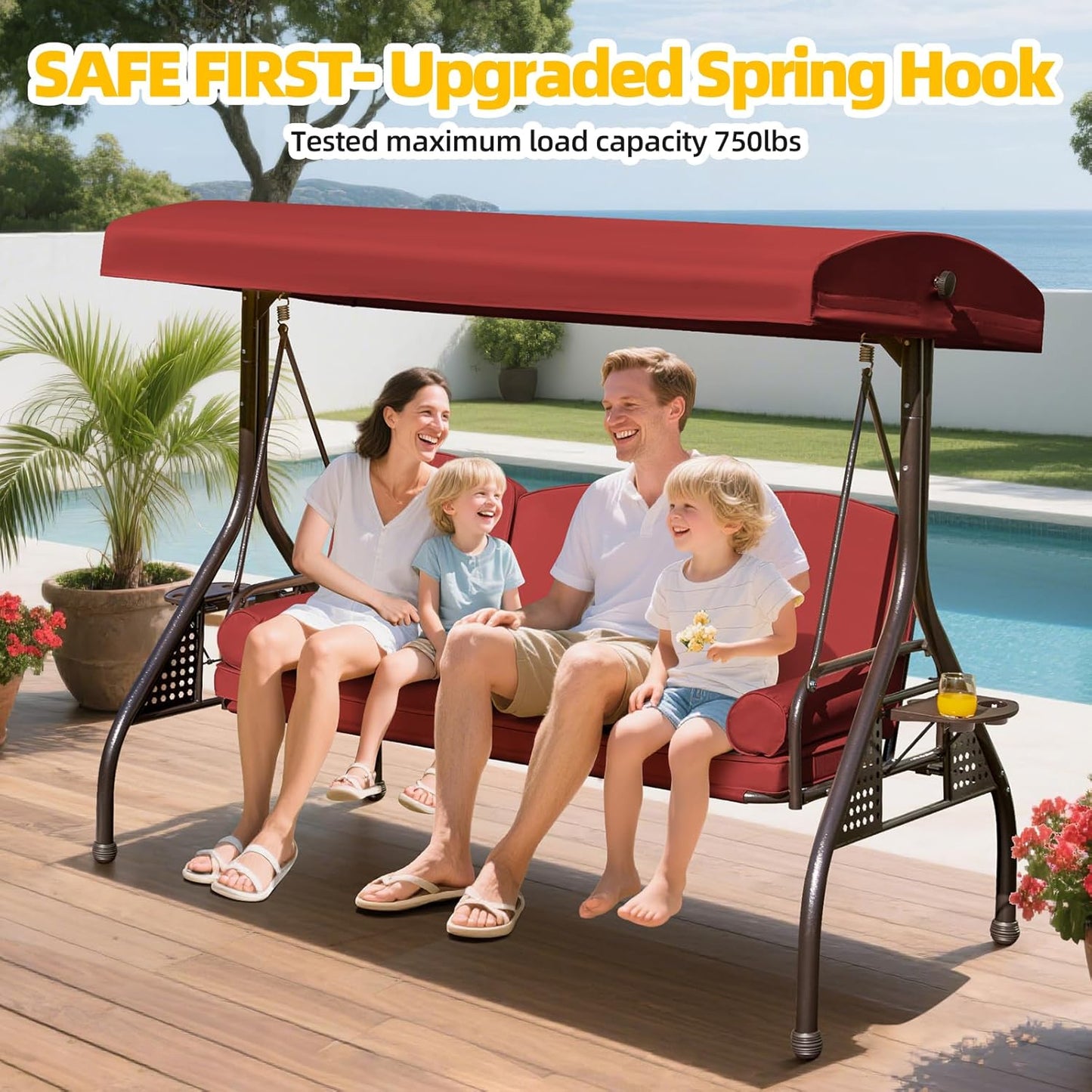 3-seat Patio Swing with Canopy,Convertible Outdoor Swing Bed with Thick Cushions, Pillows & Cup Holders, 3-Seat Outdoor Swings Chair for Backyard, Garden, Deck(Red)