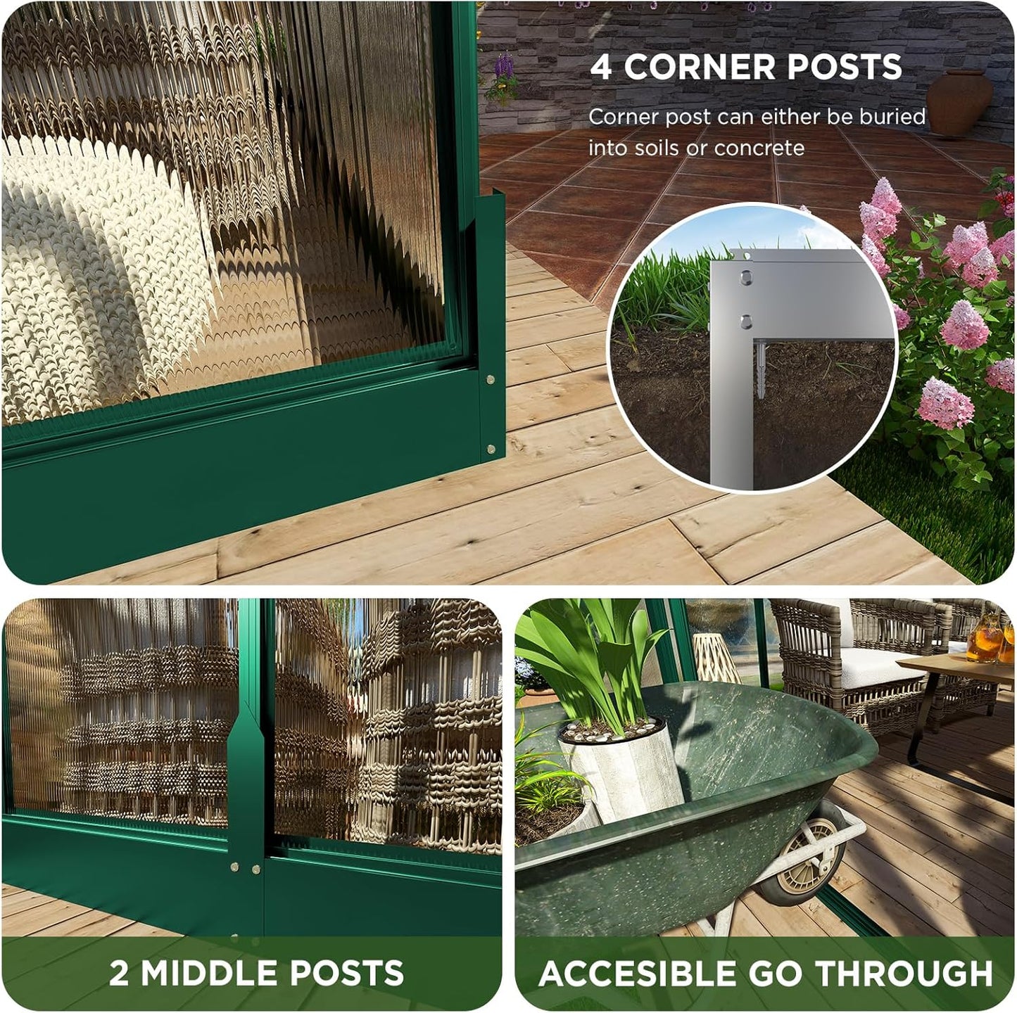 HOWE 8x8x7.5 FT Aluminum Greenhouses for Outdoors,Polycarbonate Greenhouse with 2 Vents Lockable Swing Door Rain Gutter,Walk-in Greenhouse for Backyard Plants,Green