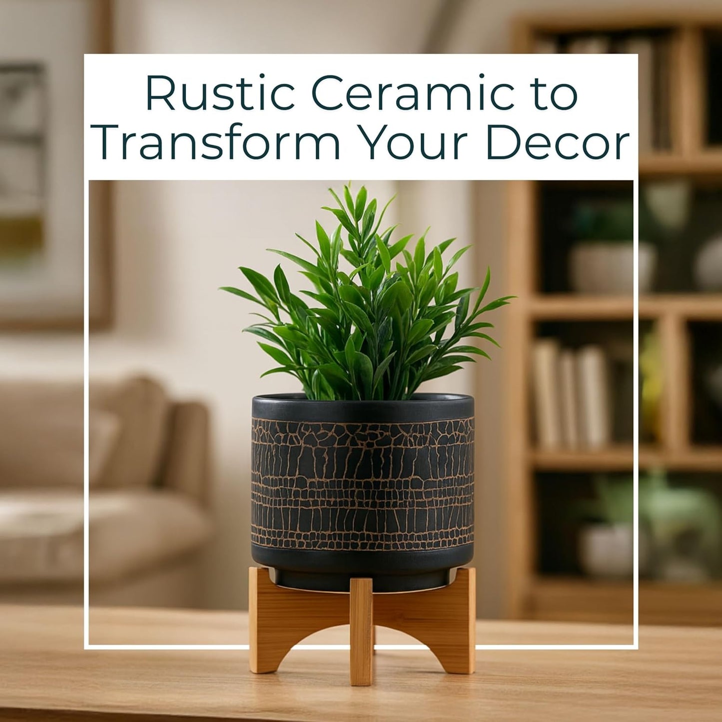 Glazed Decorative Planter Pot with Wood Stand – Ceramic Stoneware Outdoor & Indoor Plant Pot with Cracked Pattern – Modern Garden & Home Decor Planters – 9", Black