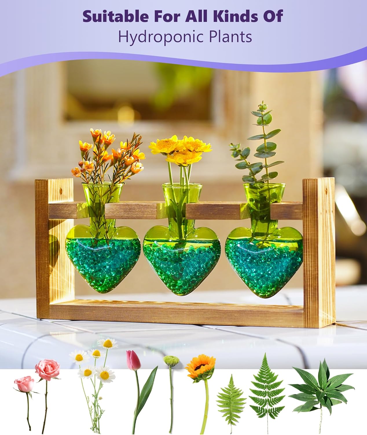 Nacome Plant Terrarium for Office Decor: Birthday Gifts for Plant Lovers Women Mom Wife - Wooden Stand Tabletop Planter 3 Bulb Glass Vase Heart Shaped for Hydroponics Indoor Home(Green)