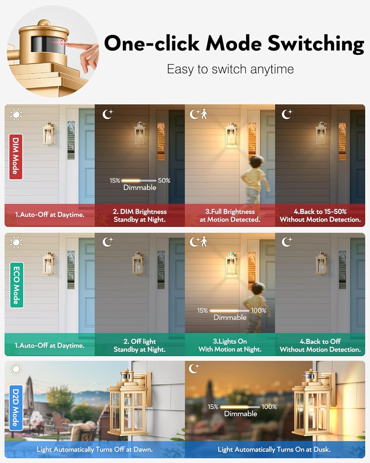 Motion Sensor Outside Lights for House, Modern Dusk to Dawn Outdoor Lighting, 2 Pack Gold Anti-Rust Outdoor Wall Lights with Transparent Glass, Waterproof Outdoor Porch Lights for House, Patio