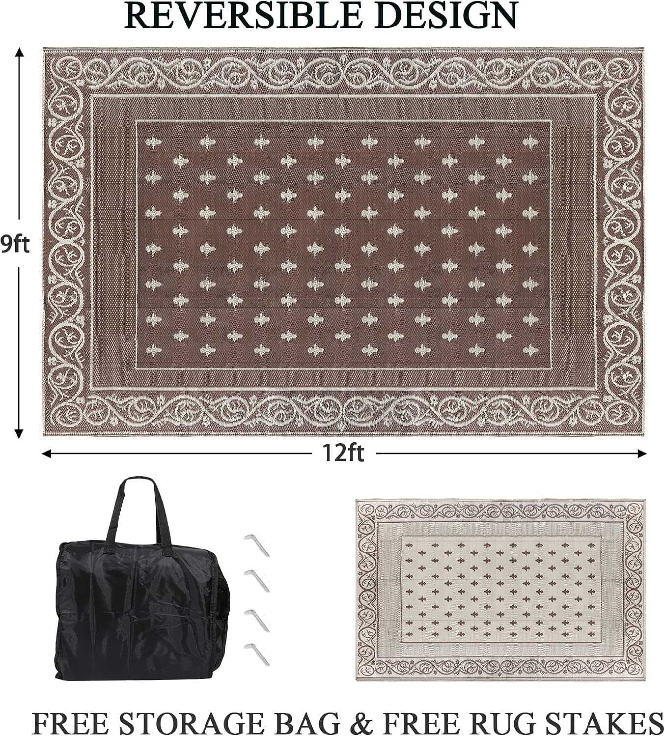 Pauwer 9'x12' Reversible Outdoor Rug, Waterproof Plastic Straw Area Rug for Patios, RV Mat, Camping, Picnic, Beach, Balcony, Pet Friendly, Lightweight