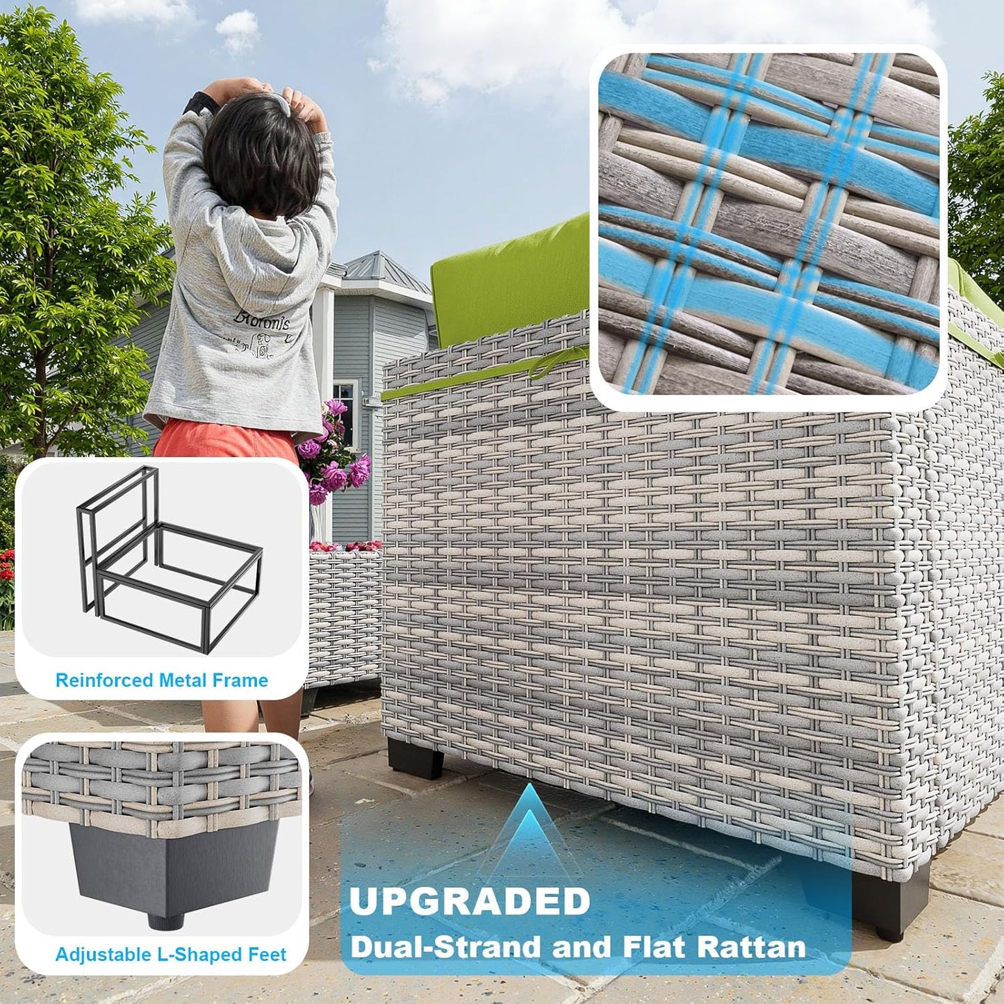 10-Piece Patio Furniture Set, Outdoor Patio Furniture with Swivel Chairs Set, Thick Cushions, Modular Patio Sofa, Dual-Strand Rattan, Rust-Resistant Frame, Grass Green