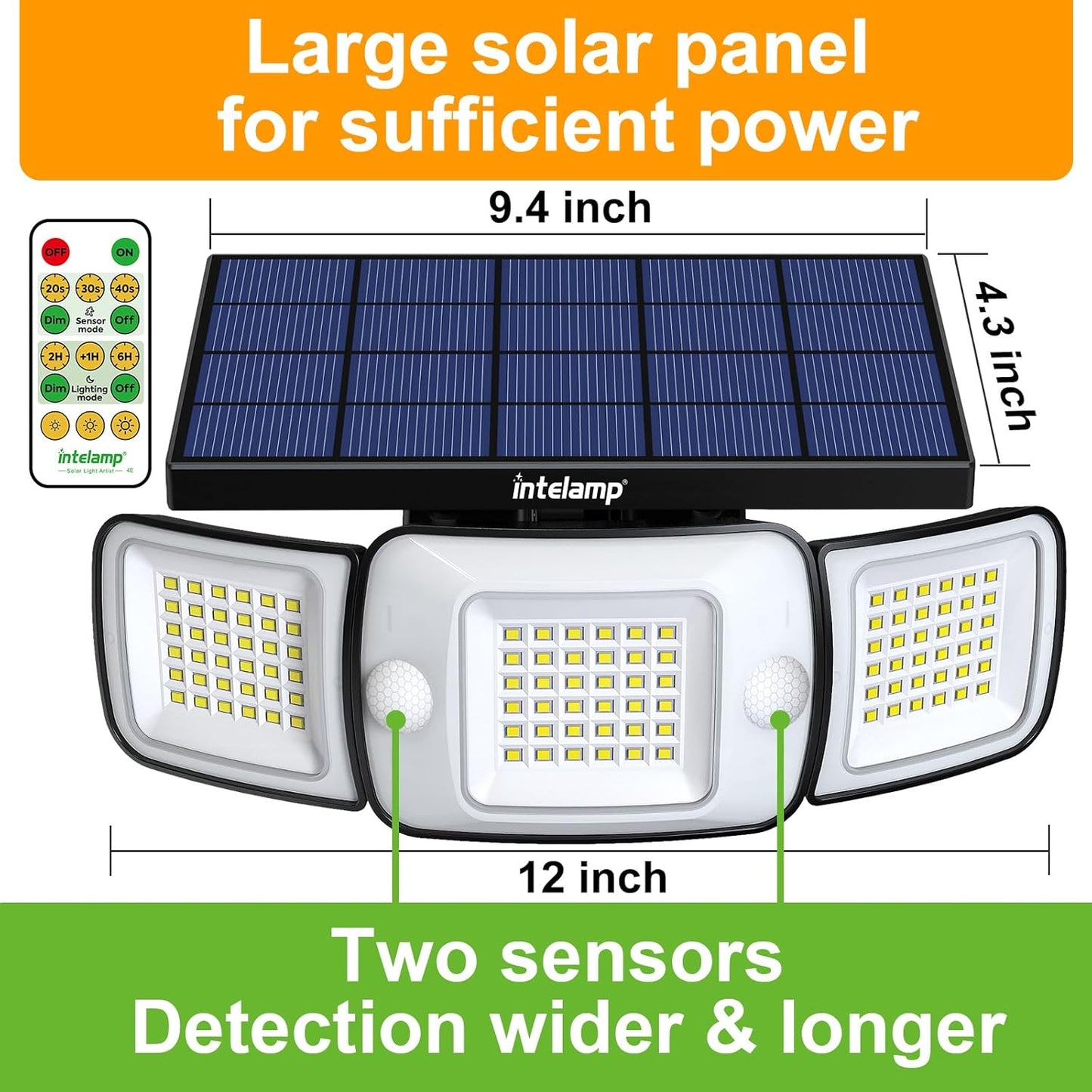 intelamp Solar Flood Lights Outdoor Waterproof, 6000mAh 1200LM Solar Powered Dual Motion Sensor LED Warm Lighting Dusk to Dawn Security Floodlight Exterior with Remote for Outside Garden House Patio