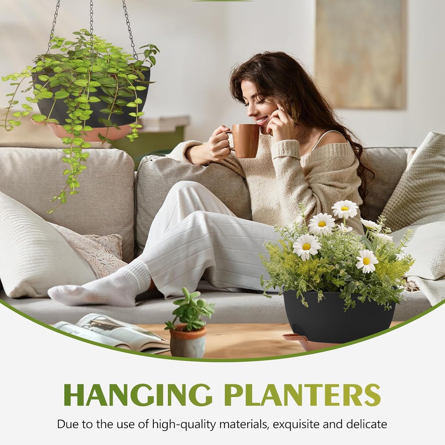 GARDIFE Hanging Planters for Indoor Outdoor Plants, 2 Pack Self Watering Hanging Pot with Drainage Holes & Removable Tray (Black, 12 inch)