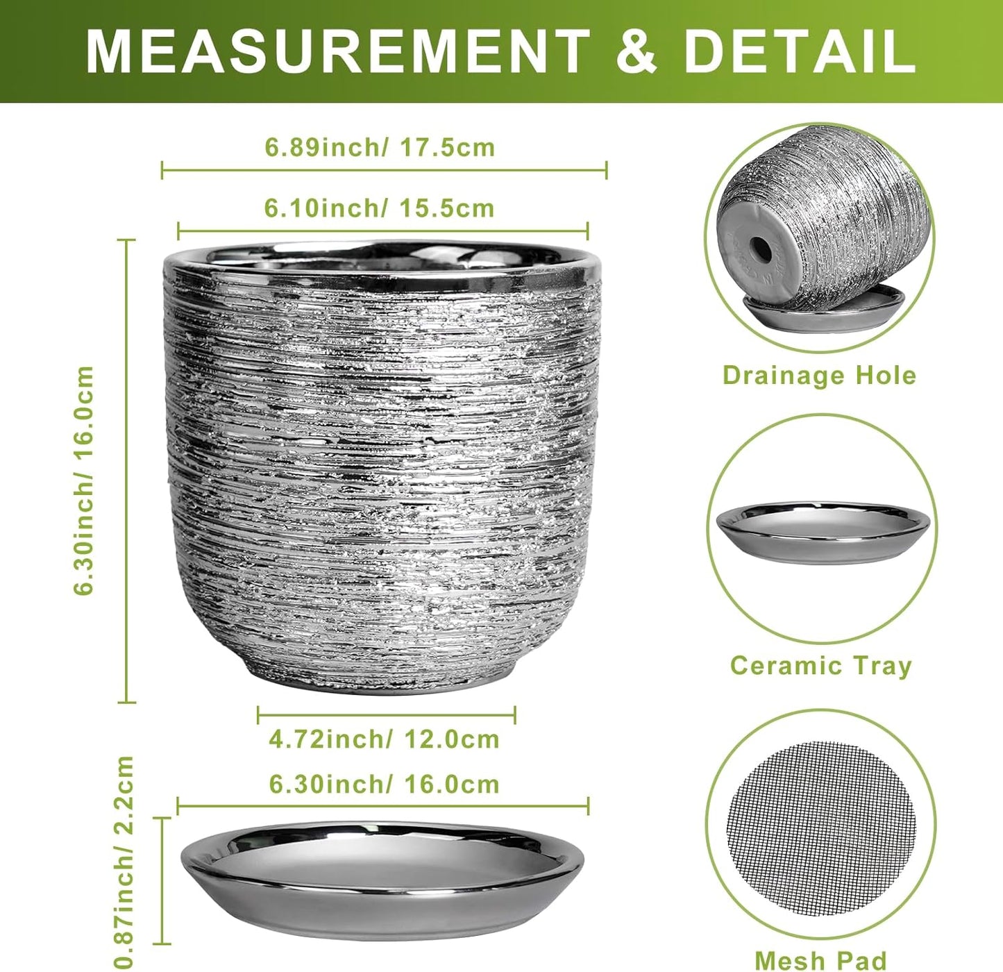 Ceramic Flower Pot - 7 Inch Ceramic Plant Pot for Indoor Flowers, Modern Outdoor Round Planter with Drainage Hole and Saucer, Gifts for Plant Lovers, Home Garden Decor, Silver