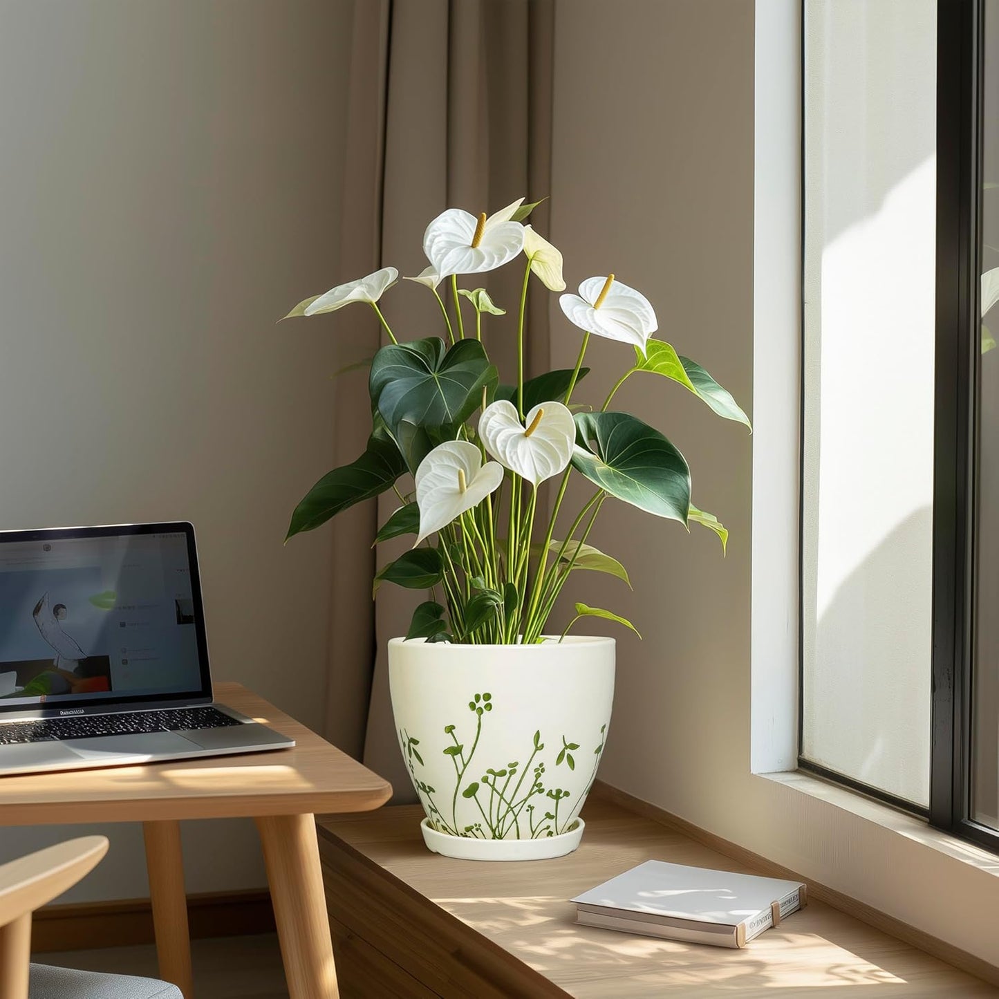 Indoor Plant Pot 8.2 Inch - Ceramic Planter with Drainage Hole and Saucer, Boho Round Decorative Flower Pot for Indoor Outdoor Flowers, Plant Lover Gifts, Office Home Garden Patio Decor, White