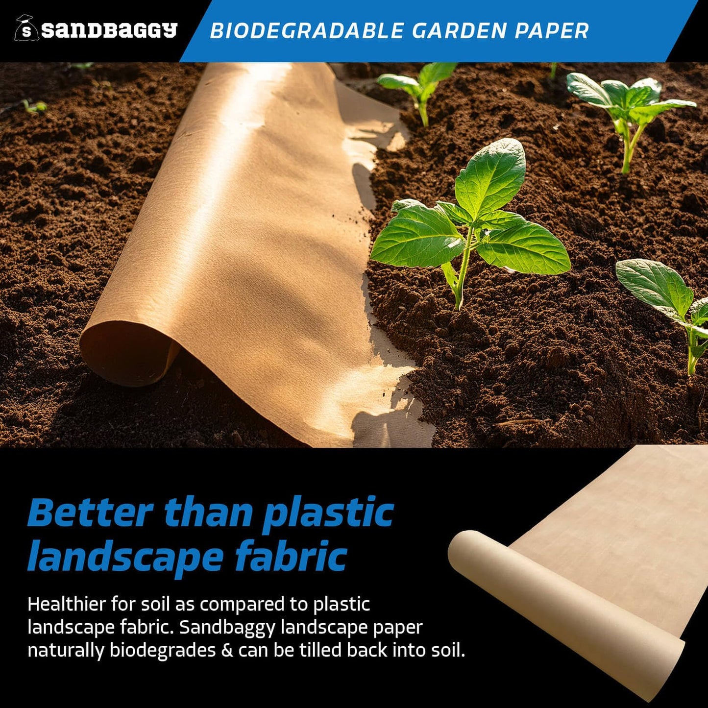 Sandbaggy Biodegradable Landscape Fabric - Garden Paper for Weeds - Paper Mulch Rolls (5 ft x 50 ft, 1)