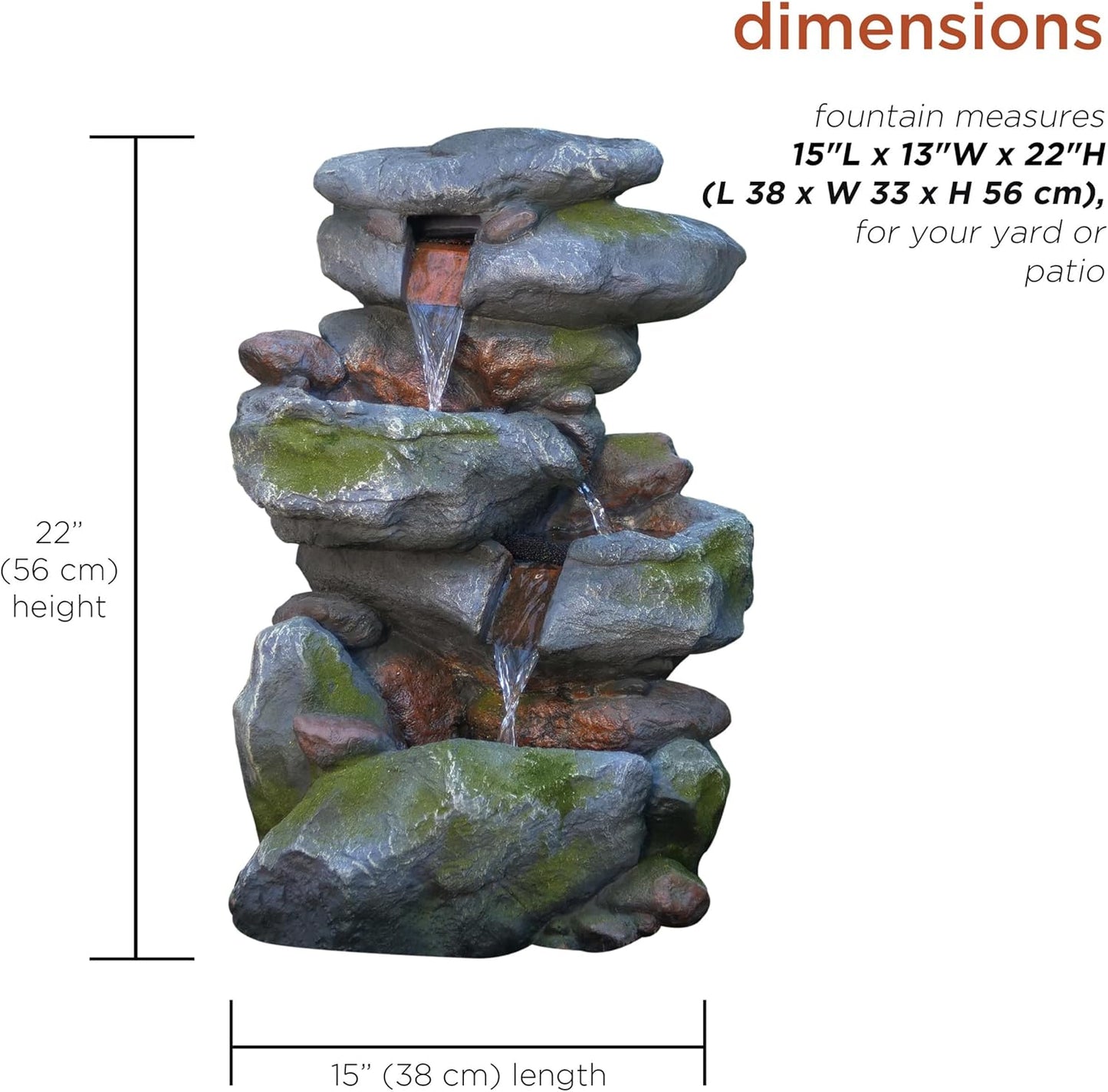 Alpine Corporation WIN582 22" Outdoor 3-Tier Rock Waterfall Fountain with LED Lights for Garden, Patio, Yard, and Porch Decor, Natural Stone Look, Gray