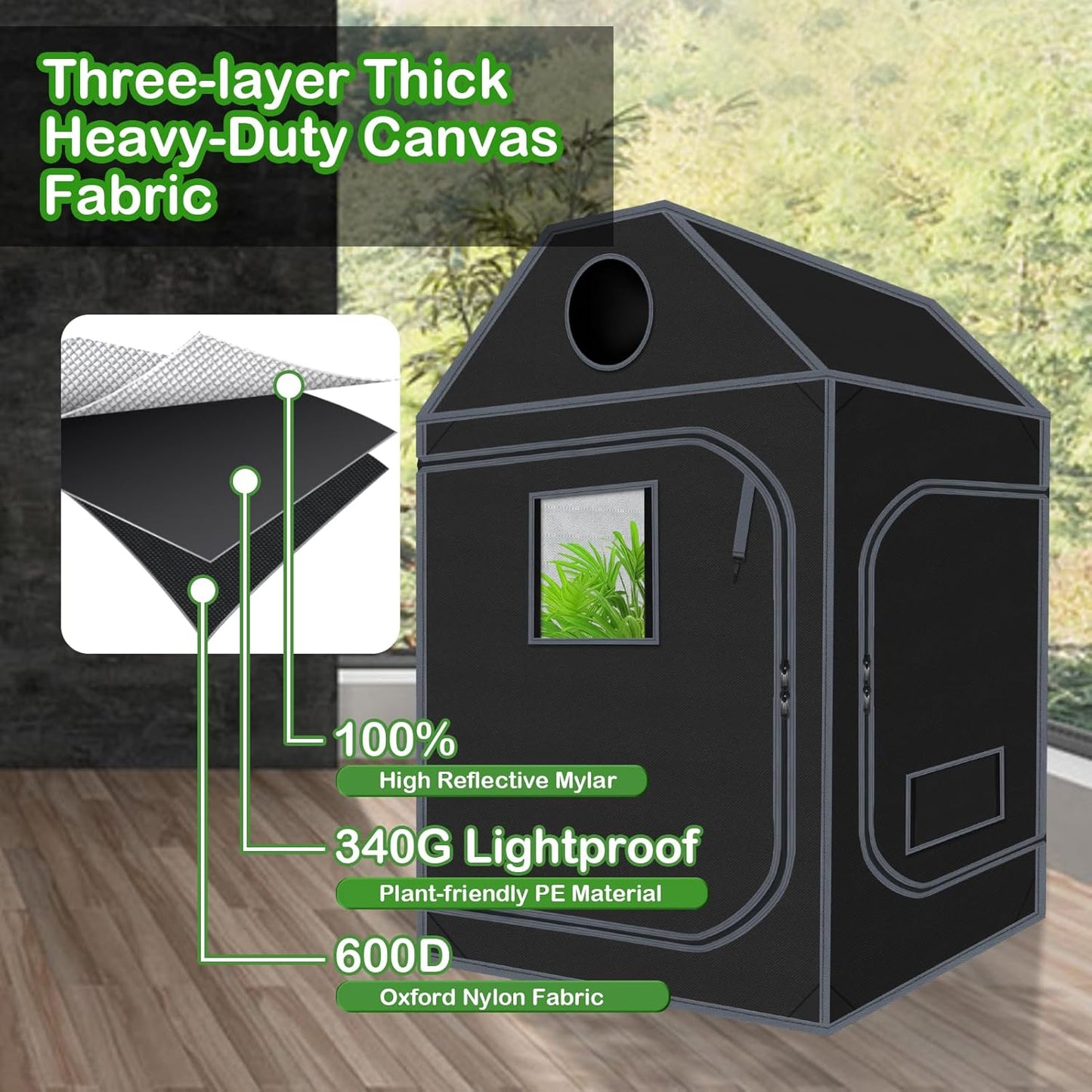 5x5 Grow Tent, 60"x60"x72" Roof Cube Plant Grow Tent, Indoor Growing Tent with Observation Windows, Lightproof Roof Cube Tent with Floor Tray, Mylar Hydroponic Tent