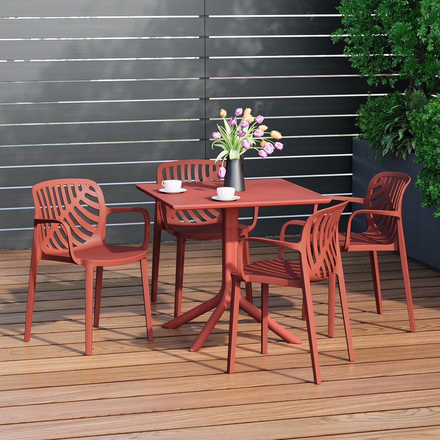 Breakfast Table Set for 4, HDPE Patio Square Dining Table and Stackable Chairs, Outdoor Small Patio Furniture Set All Weather for Backyard Porch Poolside, Red