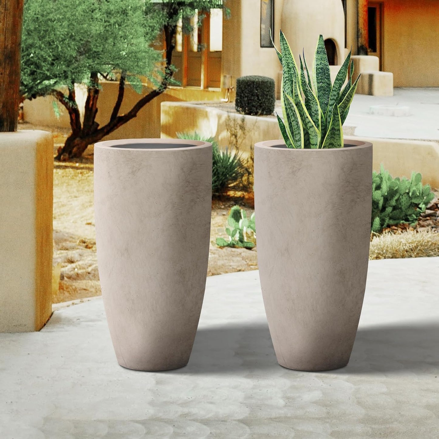 Kante 23.6" H Weathered Concrete Tall Planters (Set of 2), Large Outdoor Indoor Decorative Plant Pots with Drainage Hole and Rubber Plug, Modern Style for Home and Garden