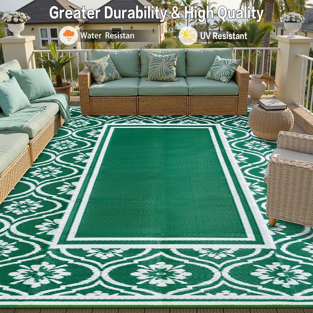 Plastic Outdoor Rug 6'x9' Waterproof Camping Carpet Outside Area Rug Reversible Green Rugs for RV Deck Entryance Porch Picnic Balcony Beach