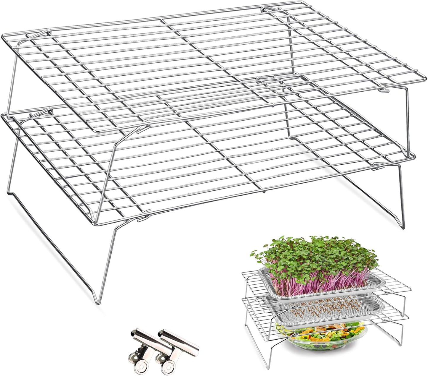Sprouts Growing Rack 2-Tier 14 inch Shelf, Metal Foldable Plant Stand for Sprouting Tray Indoor, Seed Starting Tray Plant Shelf, Silver Rack for Kitchen Table Top Space Saving