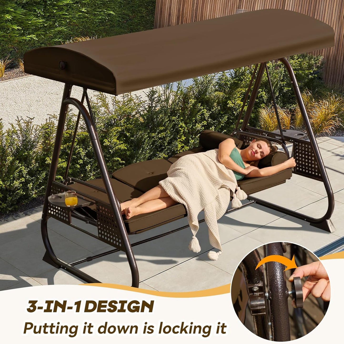 3 in 1 Outdoor Porch Swing with Adjustable Canopy, 3 Seat Outdoor Swing for Adults, Patio Swing Chair with Thickened Cushions,Pillows & Cup Holders for Backyard, Porch, Garden (Brown)