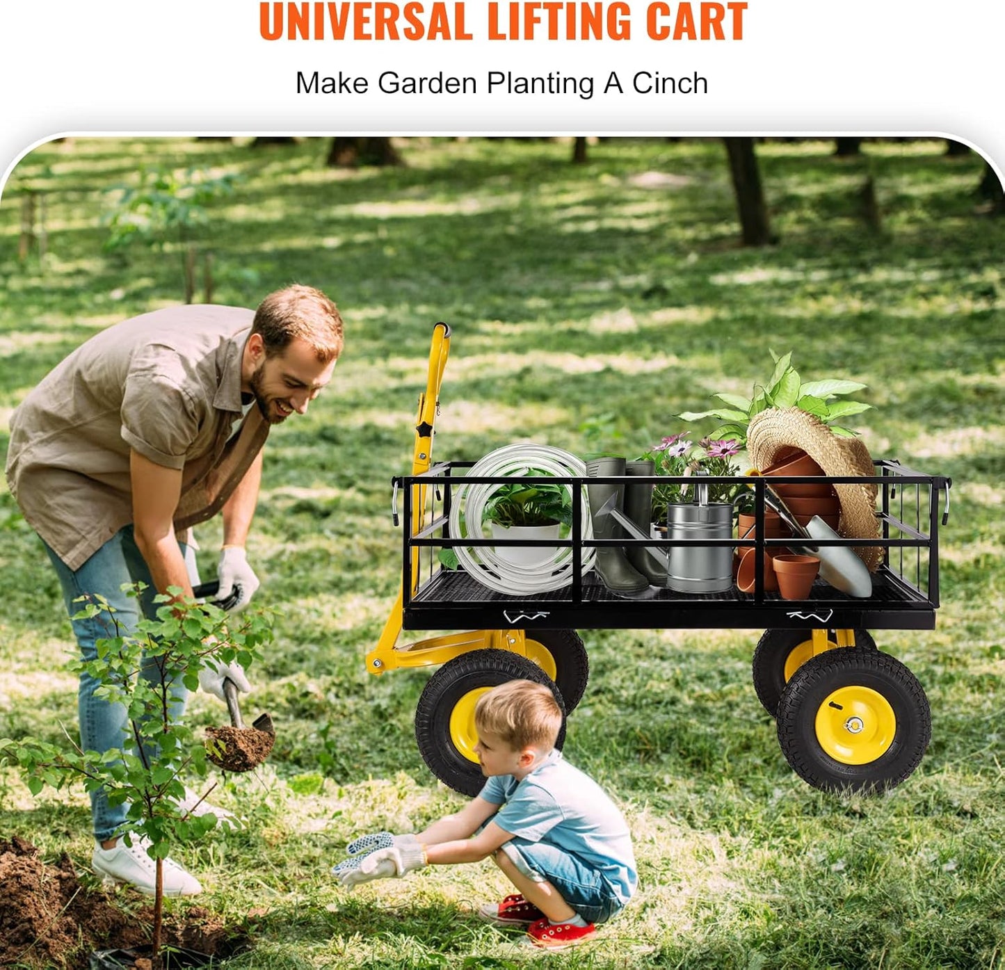 VEVOR Steel Garden Cart, Heavy Duty 1200 lbs Capacity, with Removable Mesh Sides to Convert into Flatbed, Utility Metal Wagon with 2-in-1 Handle and 13 in Tires, Perfect for Garden, Farm, Yard