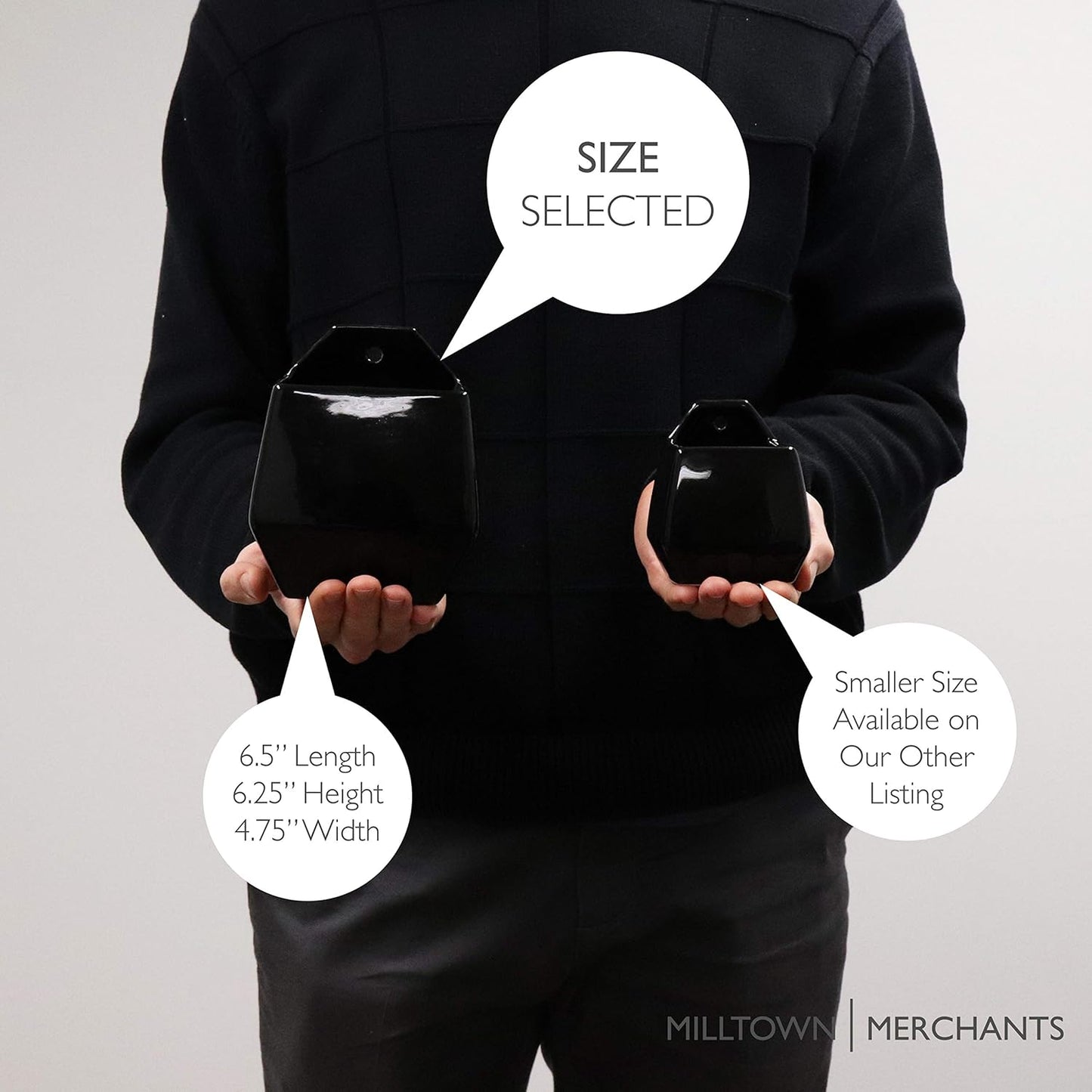 Milltown Merchants Succulent Wall Planters - Wall Vases - White Ceramic Wall Mounted Planters - Succulent Plant Pots - Hanging Vases for Living Wall (1 Pack/Contemporary/Black)