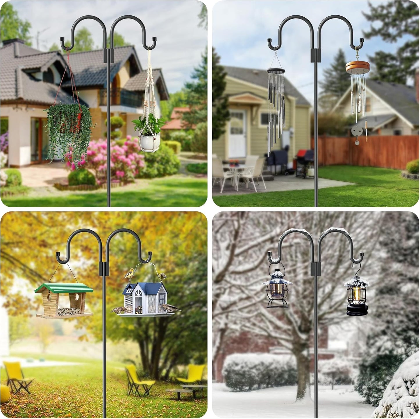 Double Shepherds Hooks for Outdoor, 2 Pack 63 Inch Bird Feeder Pole Hanger with 5 Prongs Base, Heavy Duty Bird Feeder Garden Hook for Hanging Plant, Lantern, Hummingbird Feeder