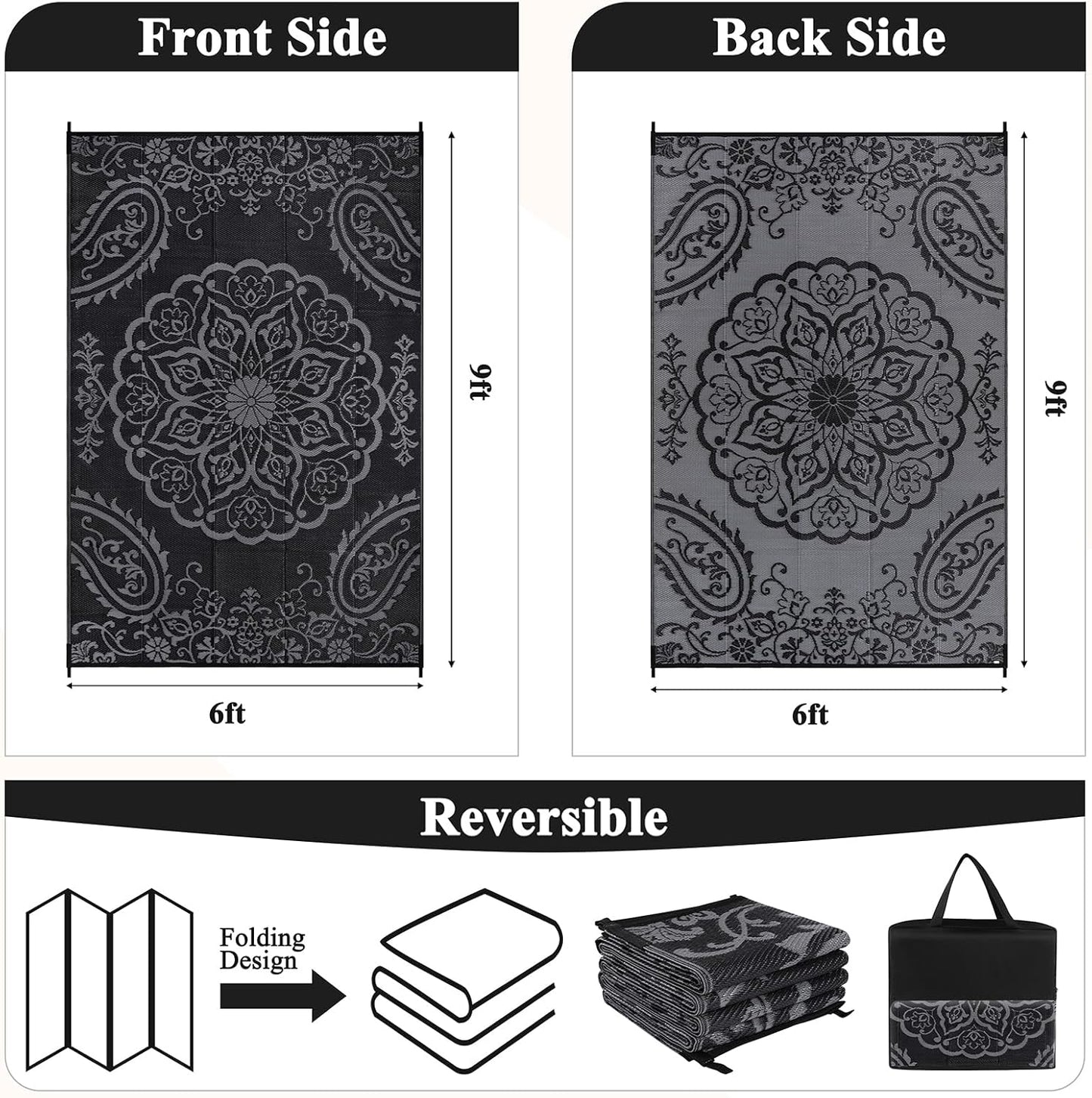 Pauwer Waterproof Outdoor Rug 6x9, Reversible Plastic Straw Patio Camping Rug, Indoor Outdoor RV Mat Carpet for Deck, Camper, Porch, Balcony, Backyard, Picnic, Boho Black Grey