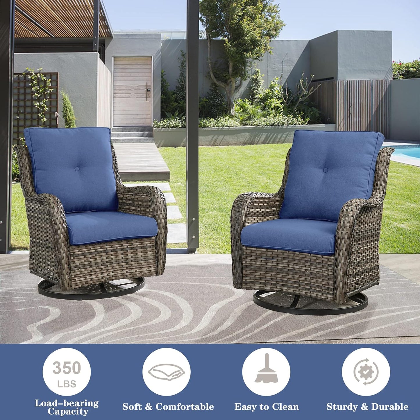 Outdoor Wicker Furniture Patio Set - 7 Piece Backyard Furniture Grey Rattan Conversation Sets with Swivel Rocker Chairs, Rattan Sofa, Club Chairs and Coffee Table, Blue Cushion