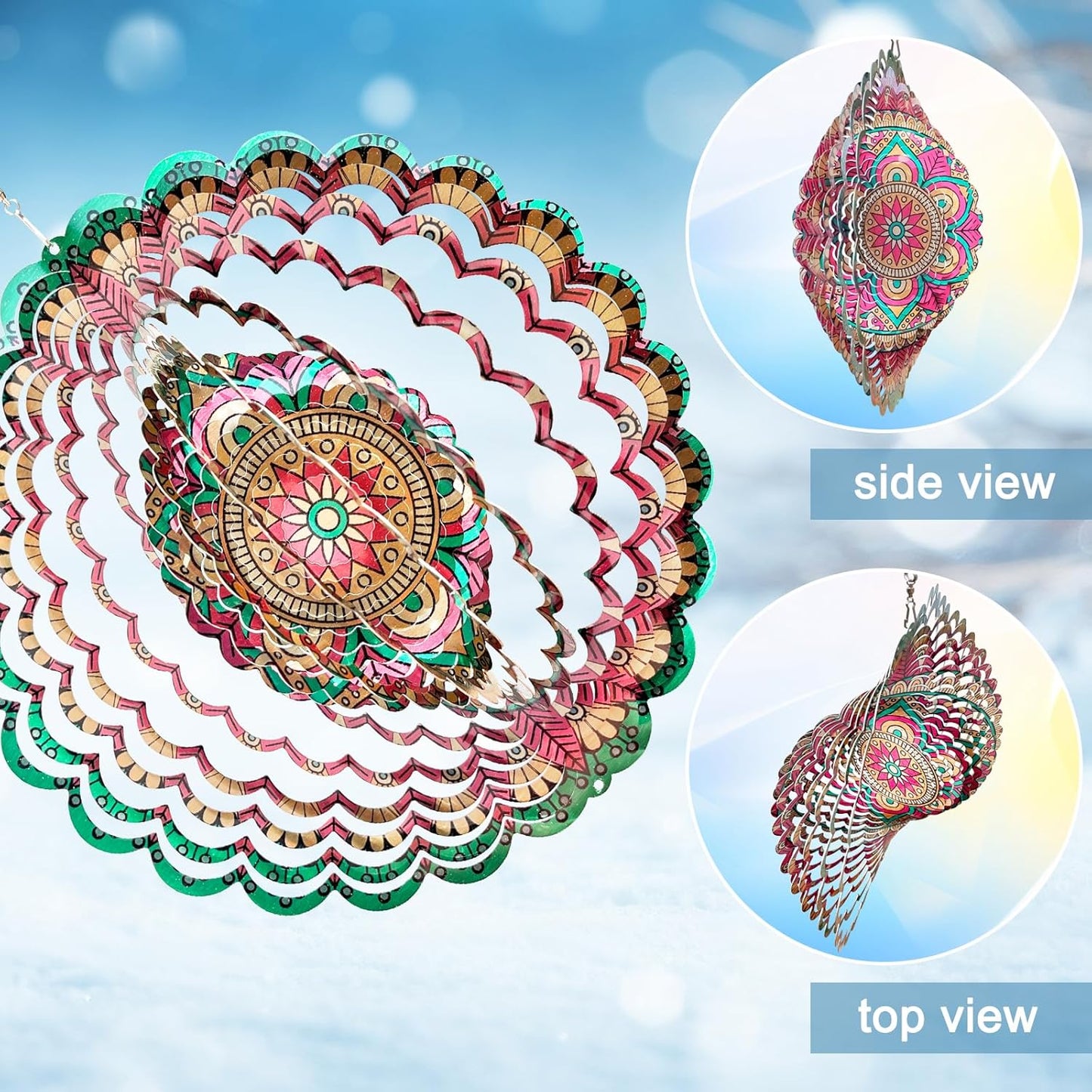 Mandala Manjusaka Wind Spinner - 12″ Stainless Steel Hanging Sculptures | 3D Kinetic Laser Cut Metal Art Decoration for Yard/Garden/Indoor, Creative Decor Gift