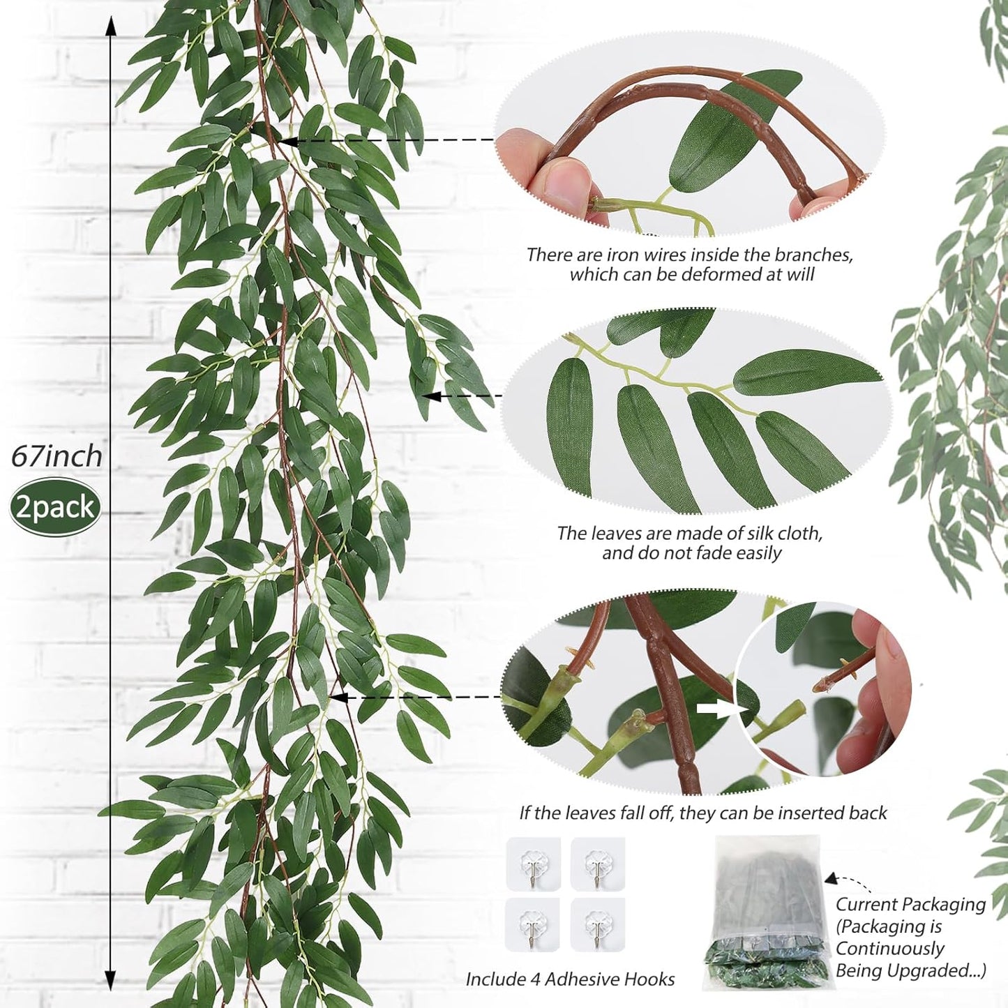 RECUTMS Artificial Willow Leaves Vine Twigs 2Pcs 5.7Ft Fake Hanging Ivy Plants Silk Green Leaf Rattan Garland Greenery Decor for Indoor Outdoor Home Wedding Arch Jungle Beach Birthday Party Garden