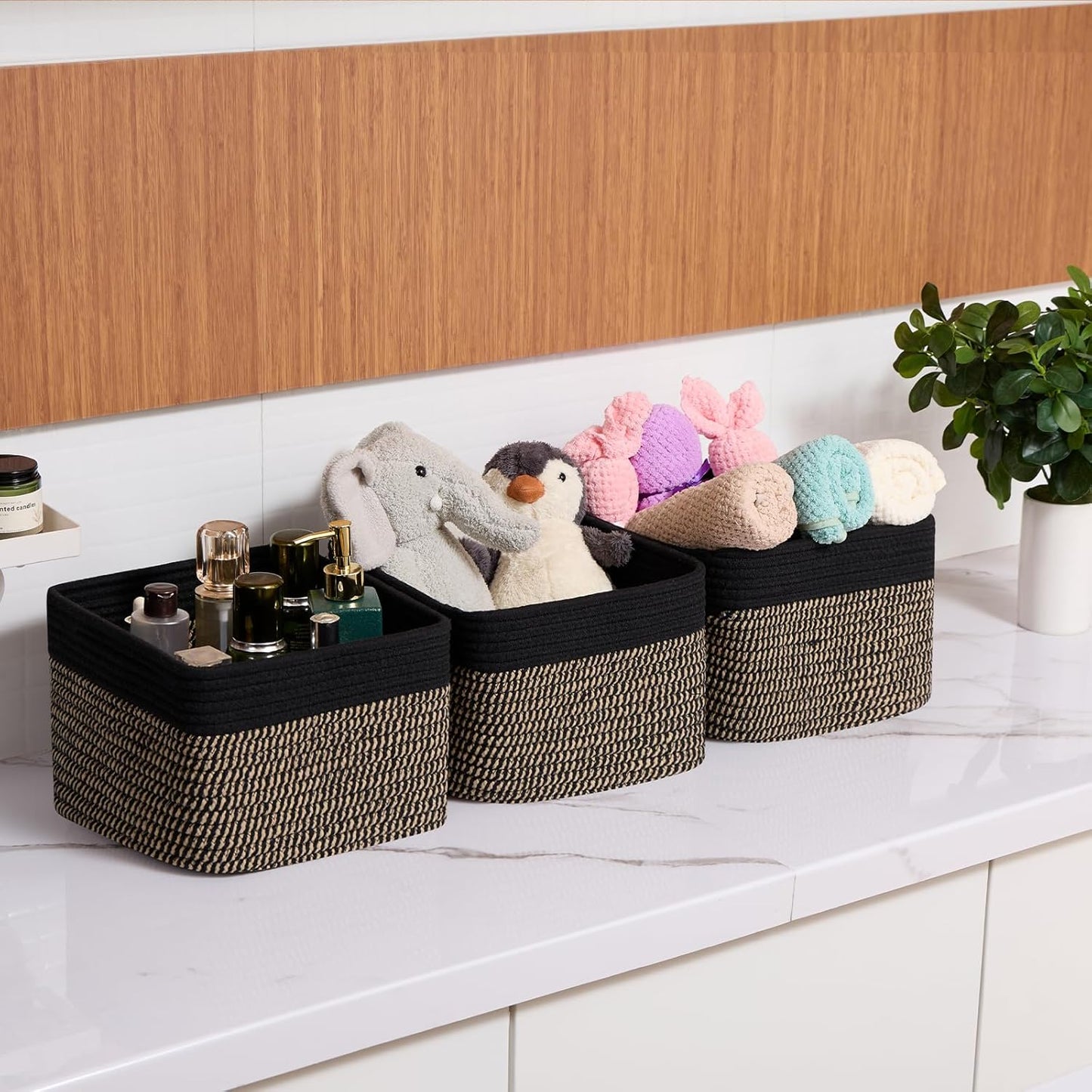 Small Organizing Baskets for Cubes Shelf, 9.7x9.7x7.1 Inch Rope Woven Storage Bins for Nursery Shelves Storage, Cute Toy Basket, Square 3 Packs Black Brown