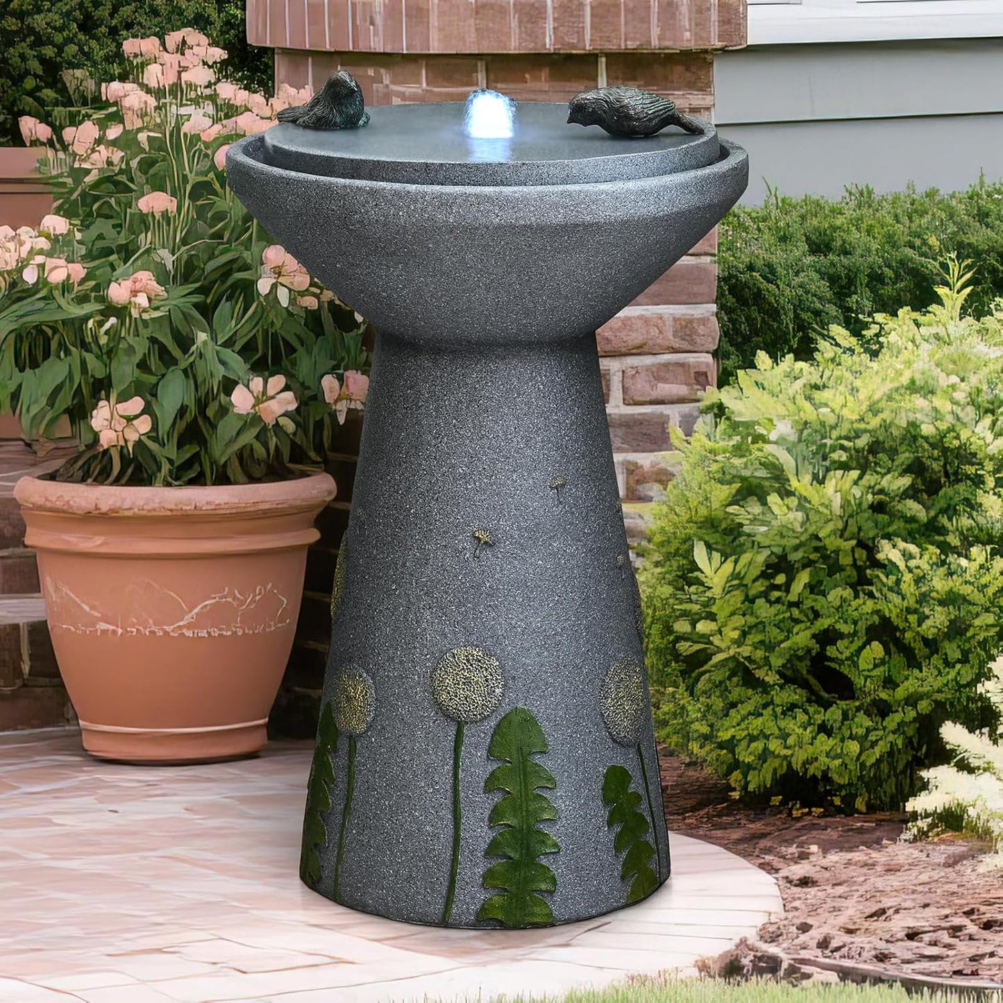 30.7" Outdoor Garden Floor-Standing Water Fountain with LED Light and Pump, Two Birds Embossed Pattern Pedestal Ceramic Watefall for Patio, Backyard, Deck, Porch and Home Art Decor