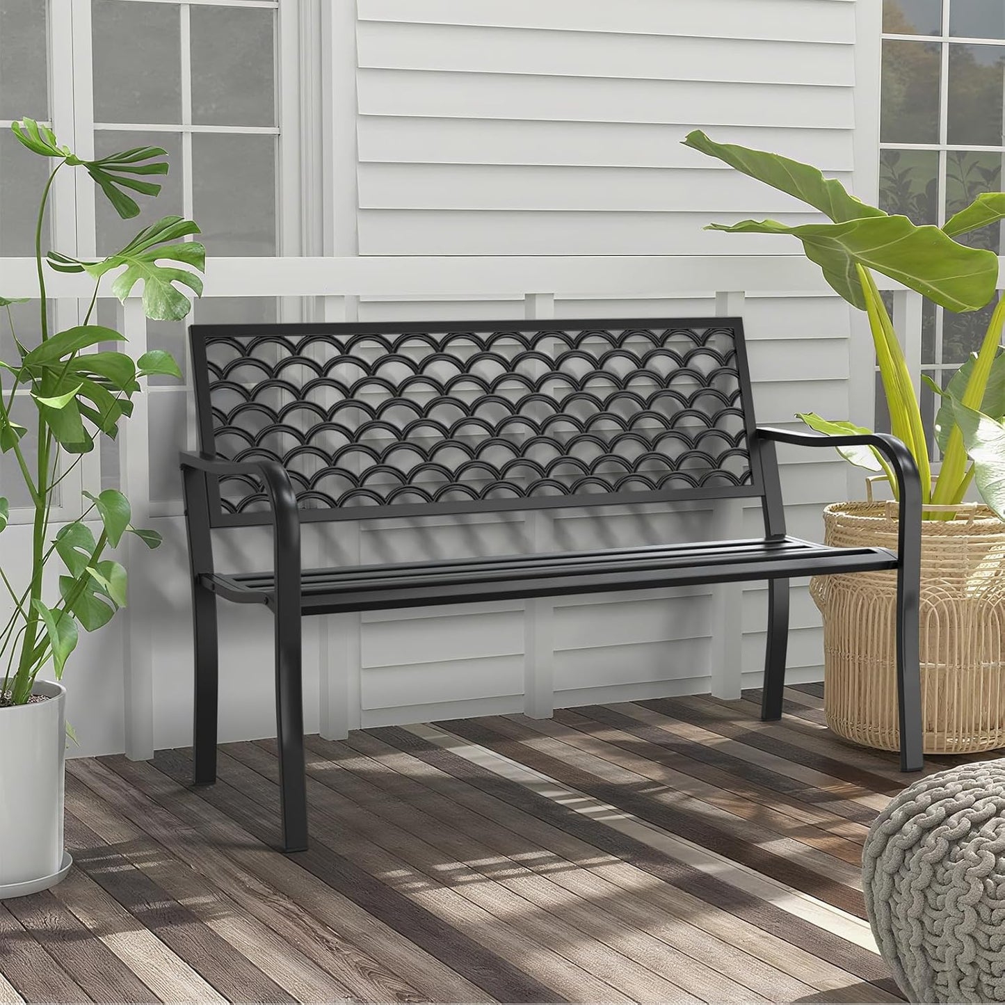 50" Heavy Duty Outdoor Bench, Wrought Iron Weatherproof Garden Bench Black Metal Patio Bench for Park Proch Yard 880lbs