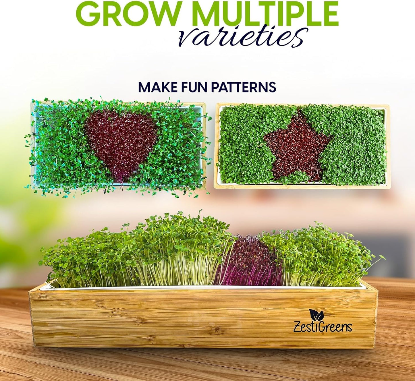 Self-Watering Microgreens Growing Kit – Easiest Way to Grow Fresh Microgreens at Home. Includes Reusable Tray, Organic Seeds, Grow Mats & Stylish Bamboo Frame – No Soil, No Mess (Salad & Broccoli)