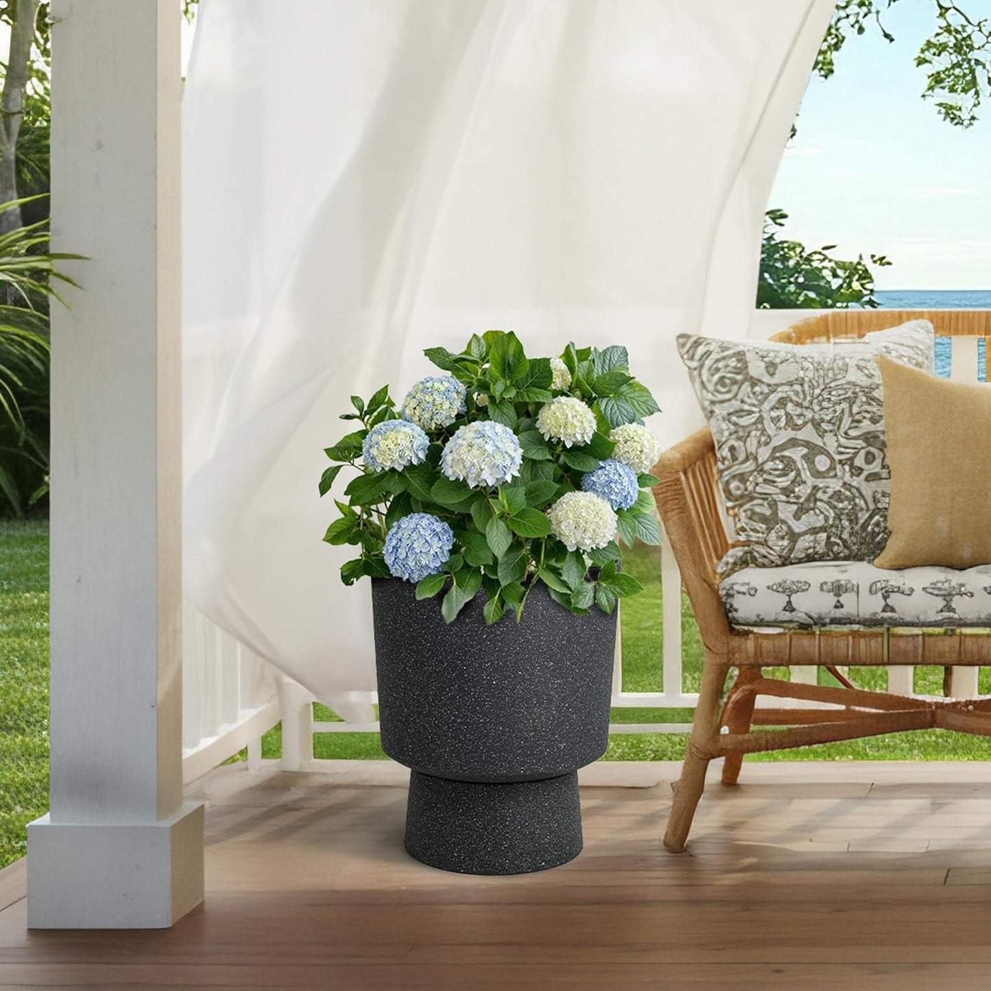 16.75"H Urn-Style Tall Planters, 2-Pack Modern Large Flower Pots for Outdoor Indoor, 2-in-1 Design Plant Containers for Garden Patio Yard Balcony Porch or Home Decor, White Terrazzo, UV-Protect