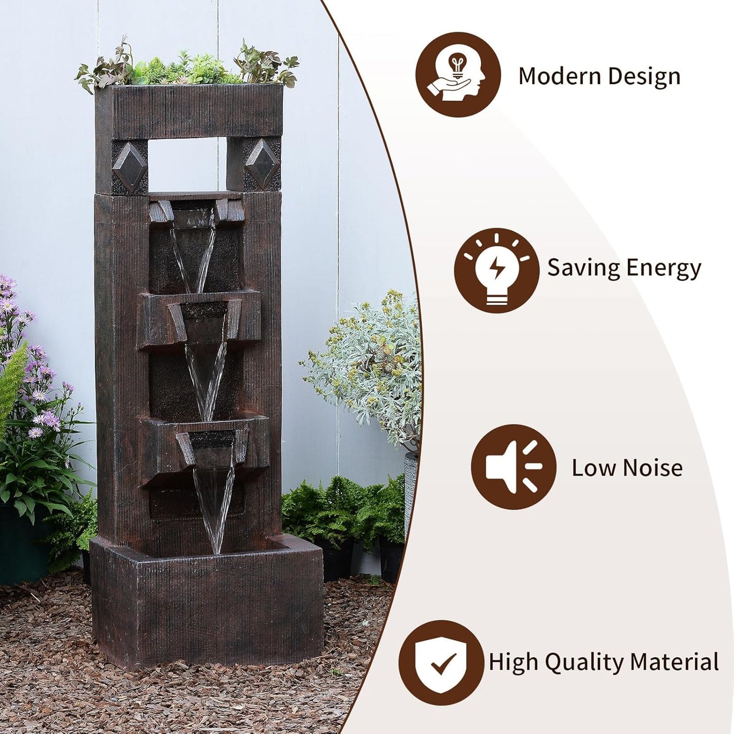 40.9" H 4-Tier Indoor/Outdoor Modern Water Fountain with Led Lights and Pump, Outdoor Freestanding Cascading Waterfall - Suitable for Garden, Patio, Porch, Yard and Outdoor Decor (Brown)