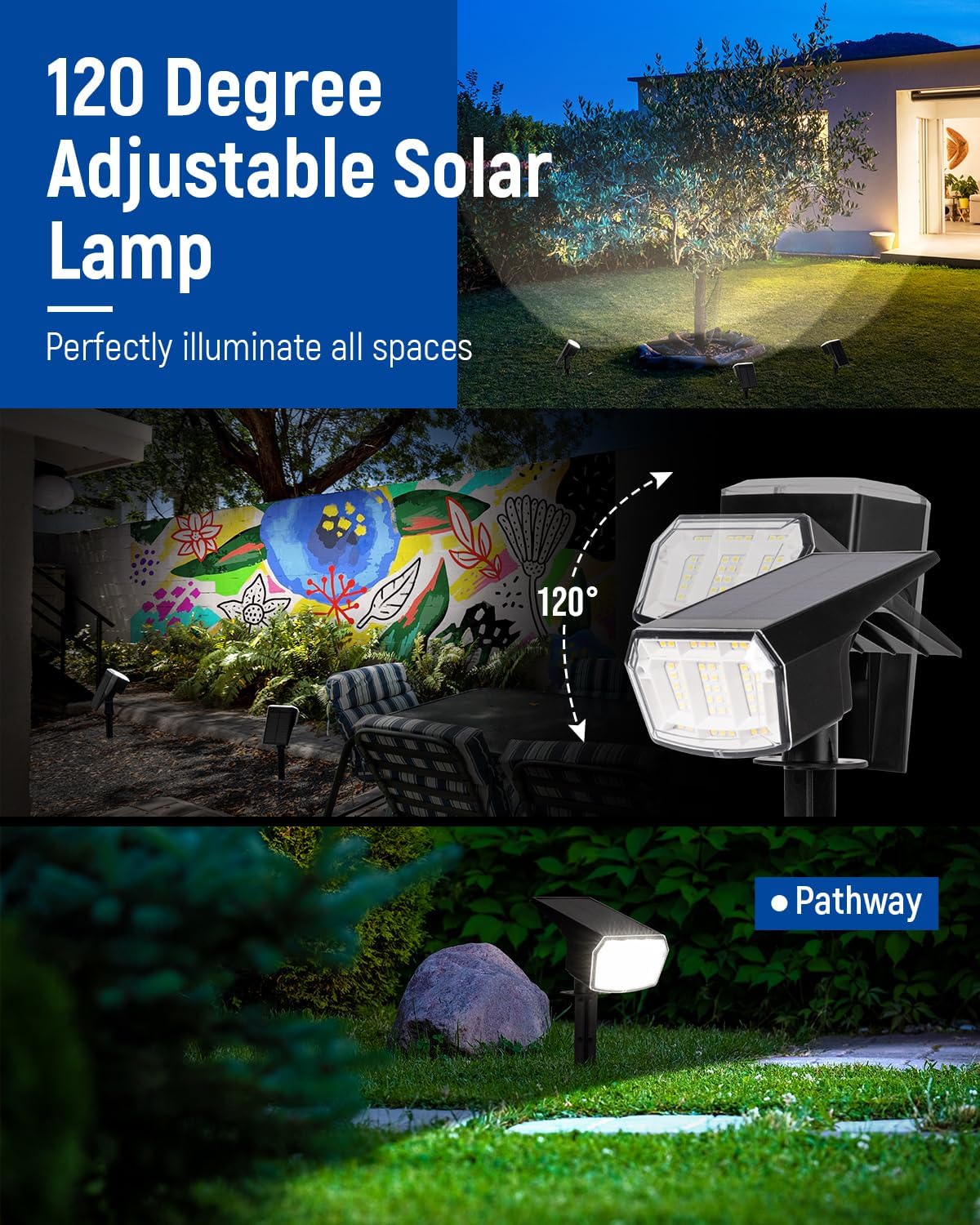 Solar Spot Lights Outdoor 63 LED 3 Lighting,Waterproof IP65 Modes Spotlights for Outside House Yard Garden Landscape Lights 2 Pack (Natural Light)